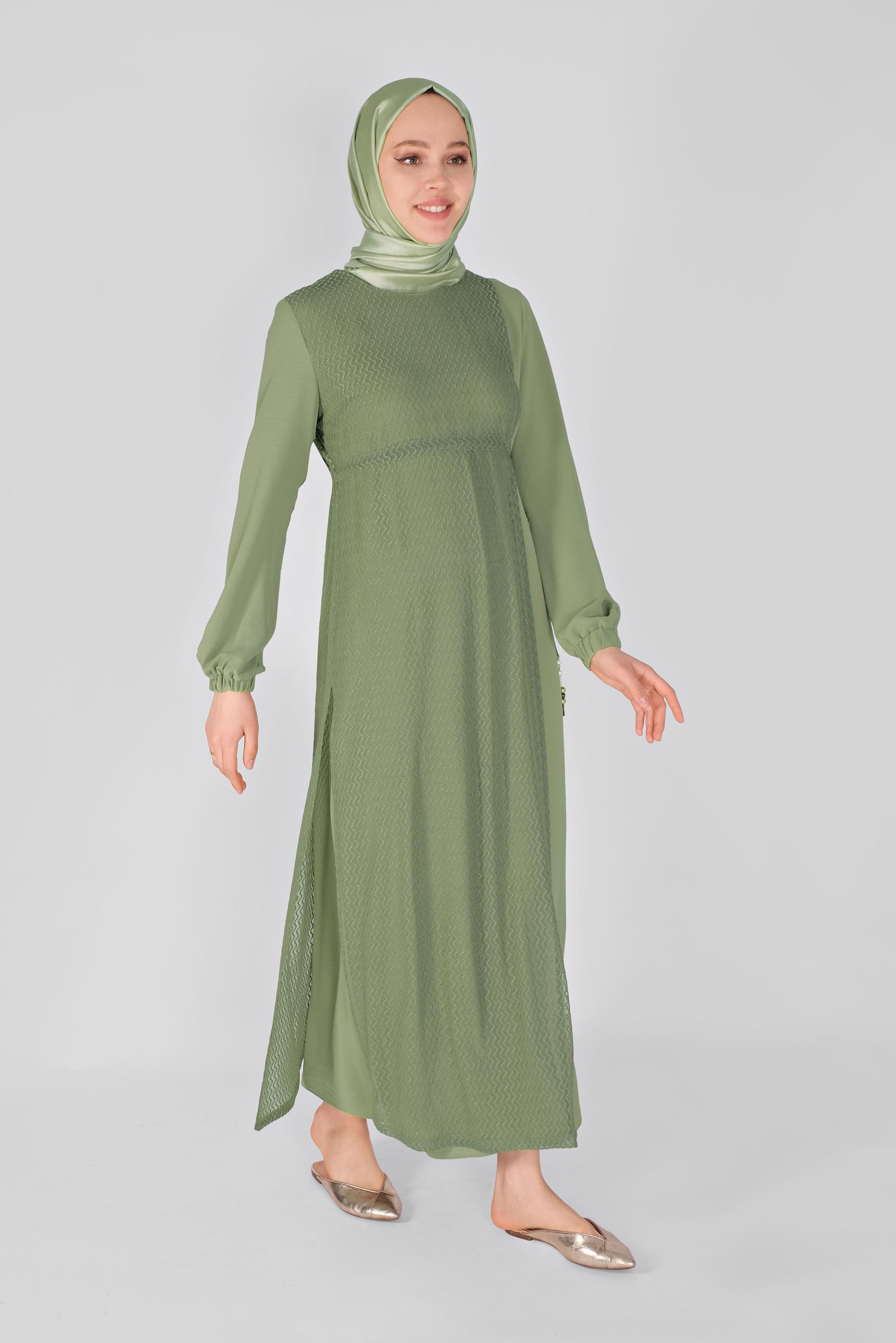 Tesettür giyim YEŞİL DESENLİ TÜL DETAYLI BAĞCIKLI ELBİSE 41500