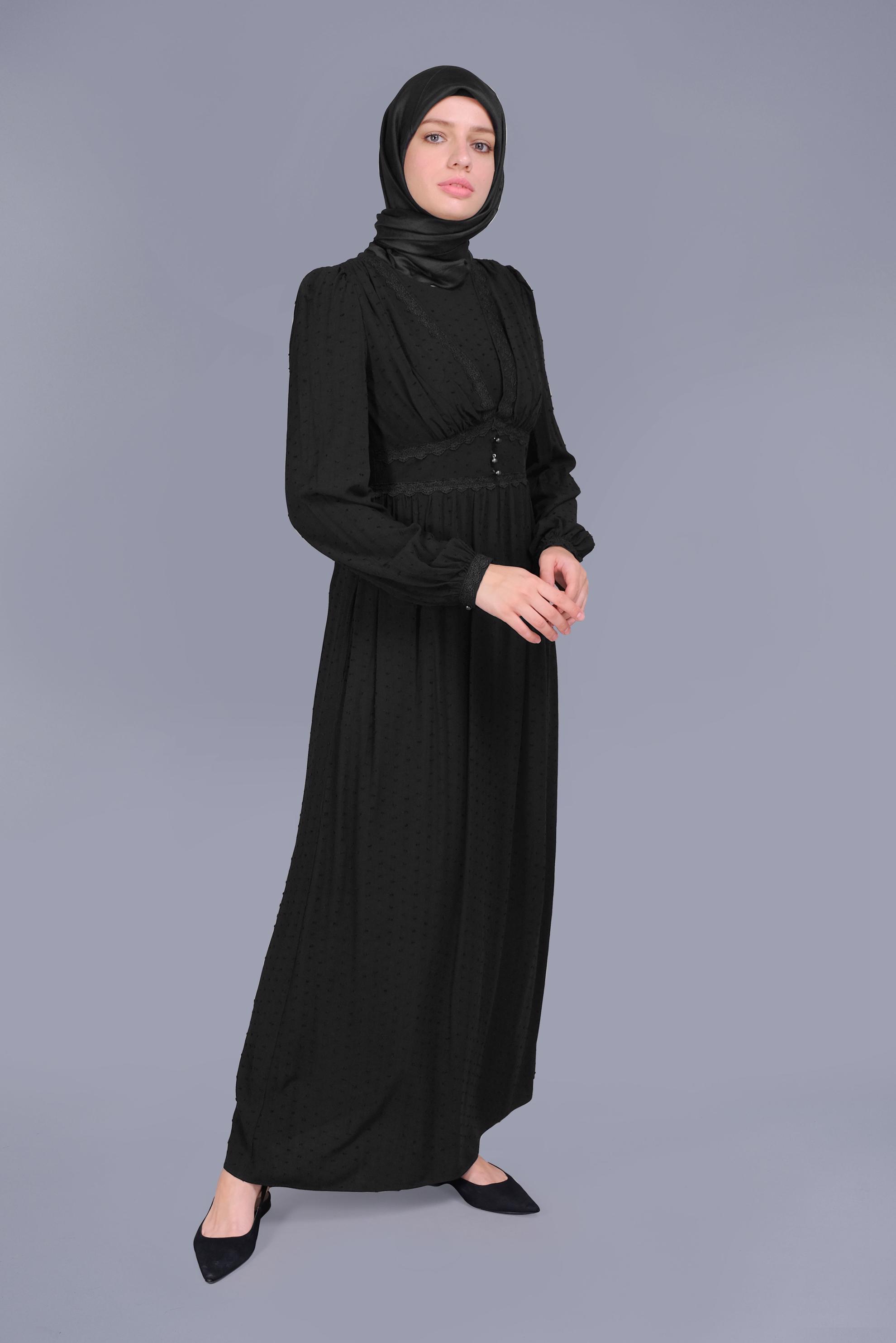 Tesettür giyim SİYAH DANTEL DETAYLI VİSKON ELBİSE 41509