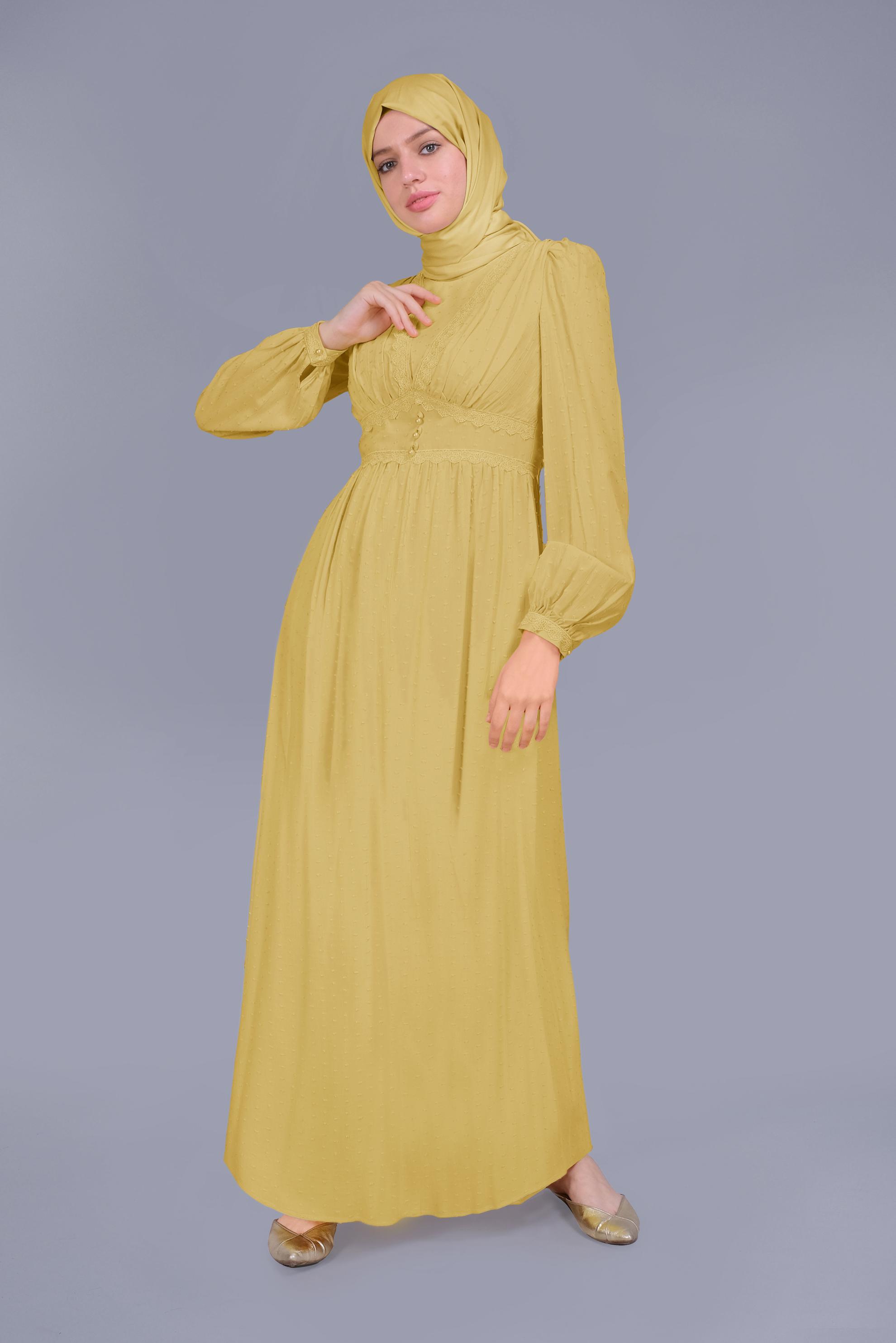 Tesettür giyim SARI DANTEL DETAYLI VİSKON ELBİSE 41509