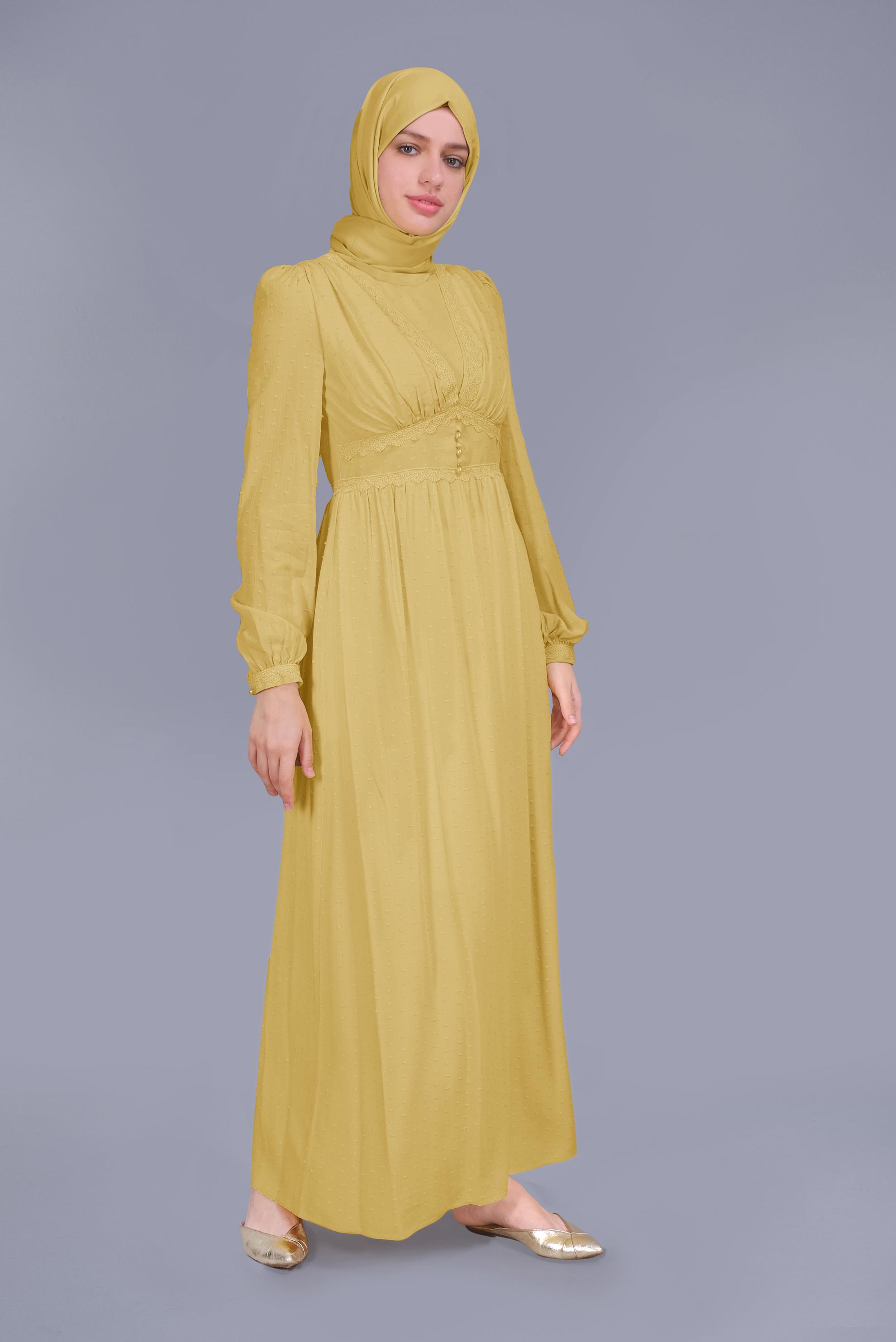 Tesettür giyim SARI DANTEL DETAYLI VİSKON ELBİSE 41509