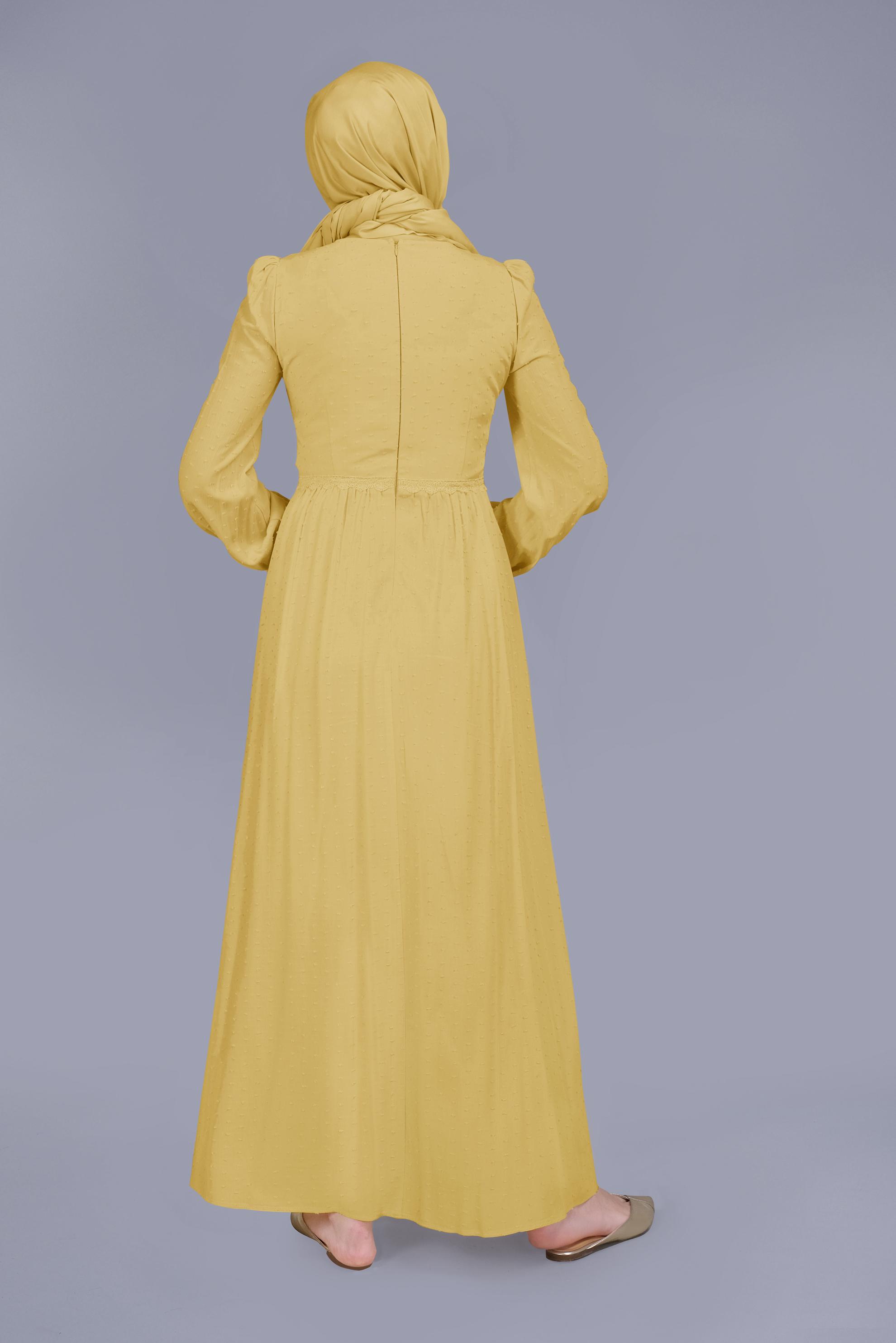 Tesettür giyim SARI DANTEL DETAYLI VİSKON ELBİSE 41509