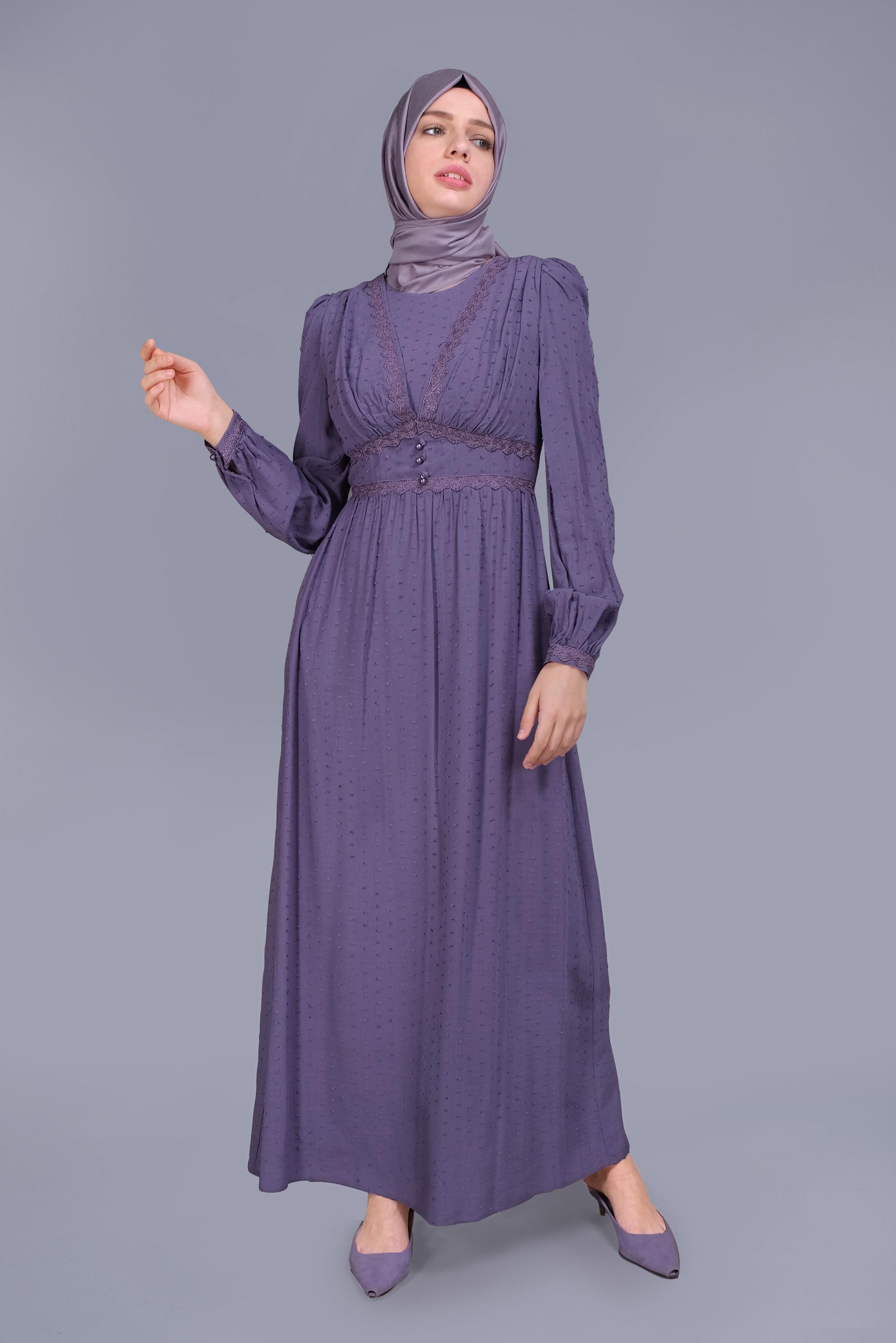 Tesettür giyim MOR DANTEL DETAYLI VİSKON ELBİSE 41509