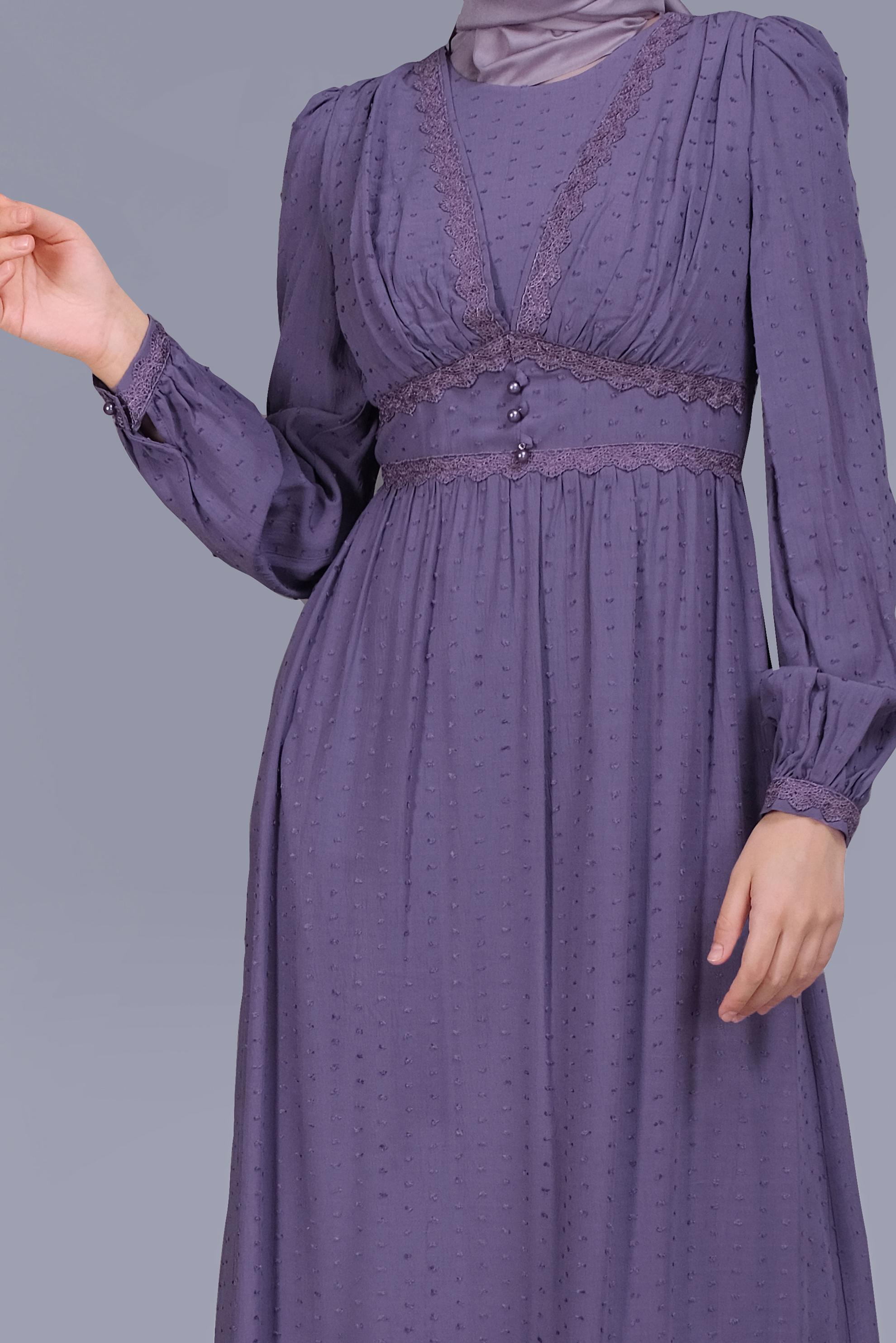 Tesettür giyim MOR DANTEL DETAYLI VİSKON ELBİSE 41509