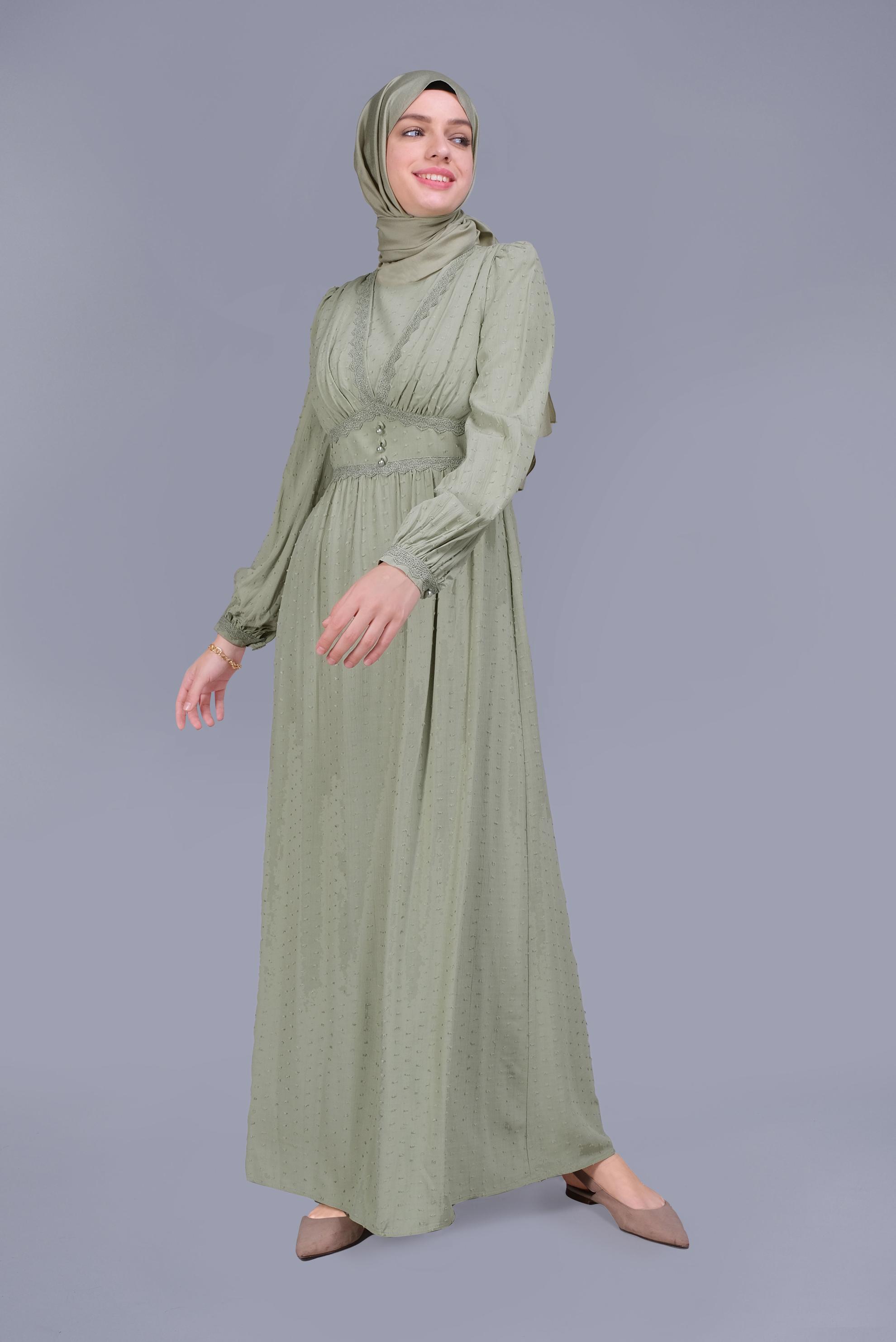 Tesettür giyim YEŞİL DANTEL DETAYLI VİSKON ELBİSE 41509