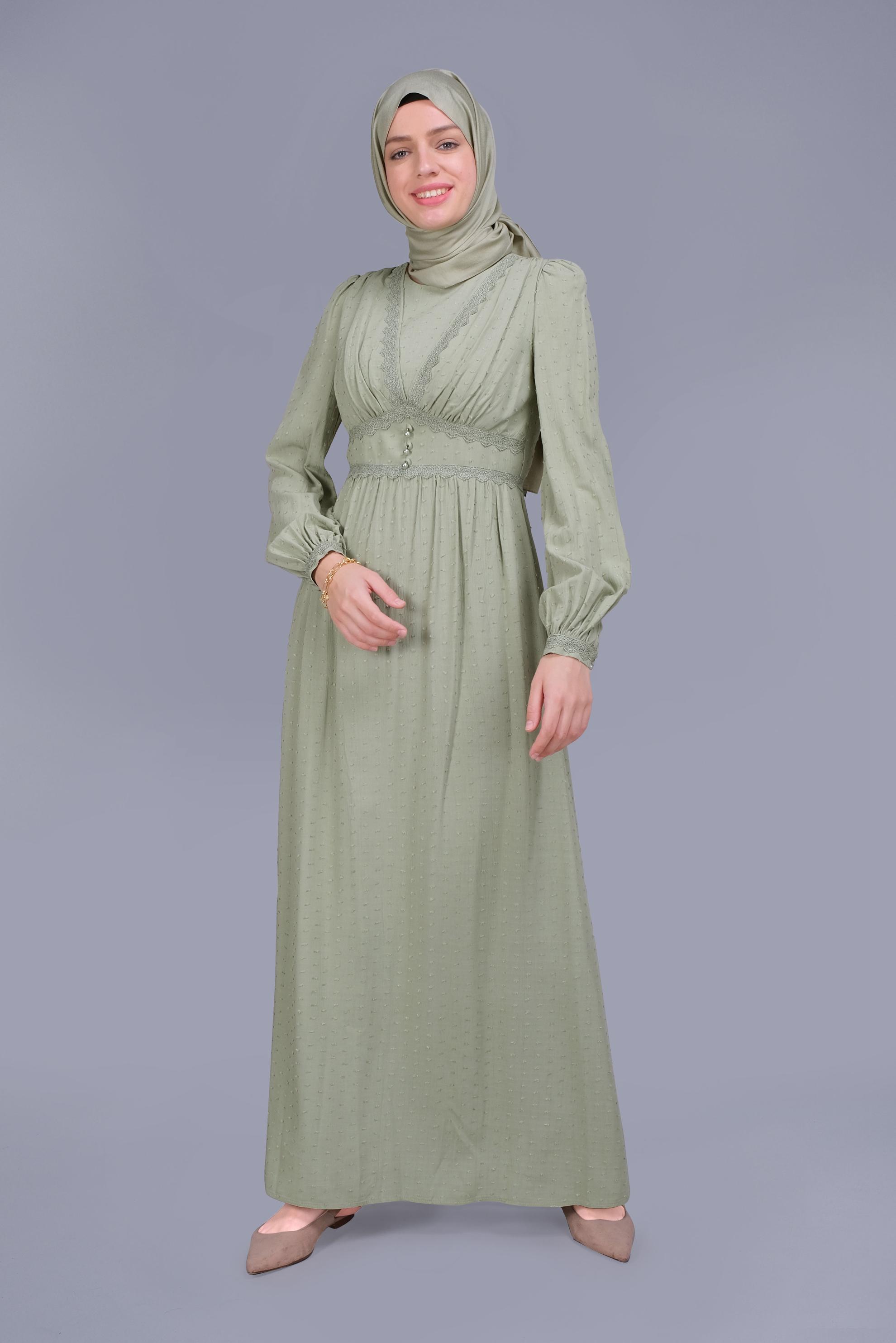 Tesettür giyim YEŞİL DANTEL DETAYLI VİSKON ELBİSE 41509