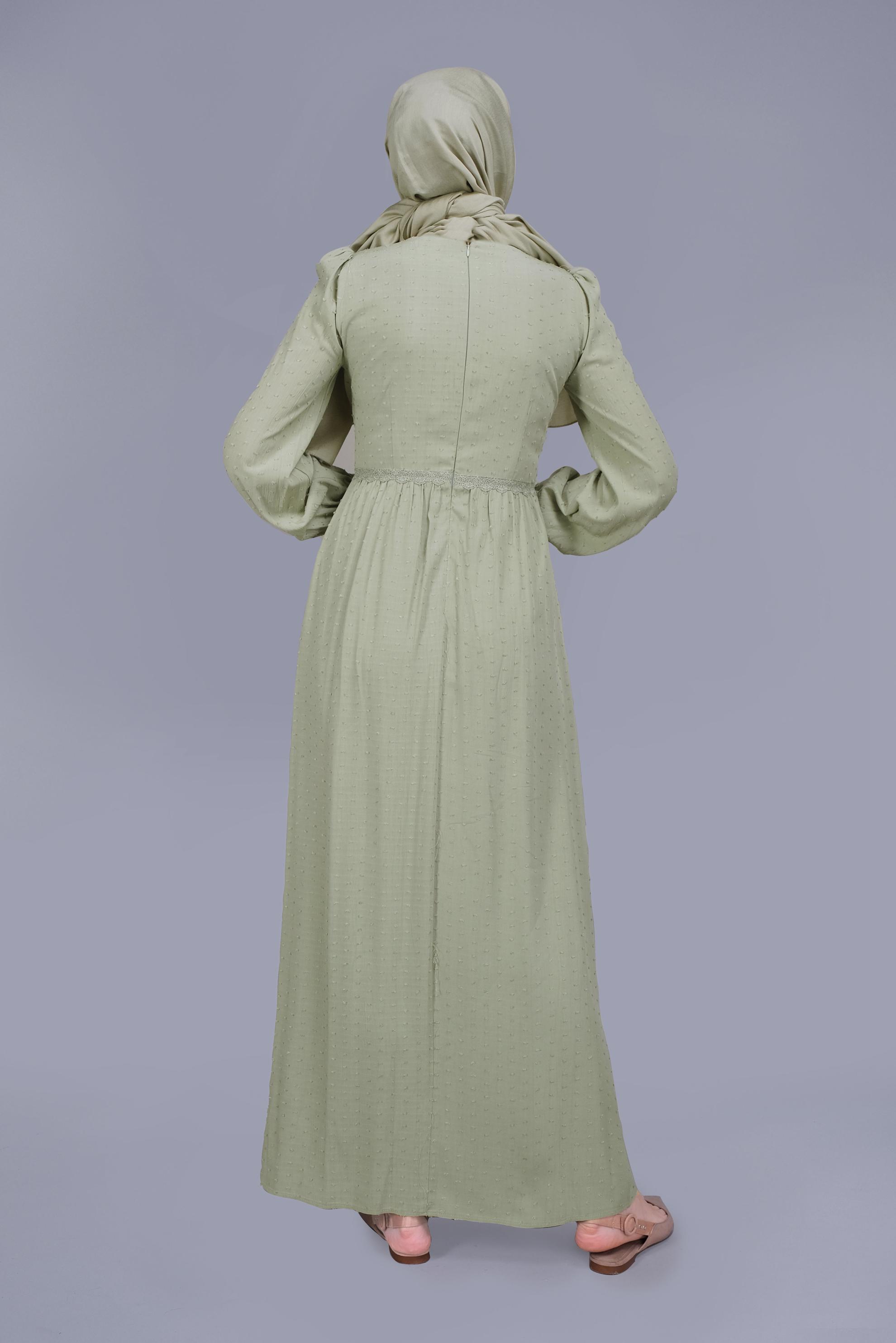 Tesettür giyim YEŞİL DANTEL DETAYLI VİSKON ELBİSE 41509