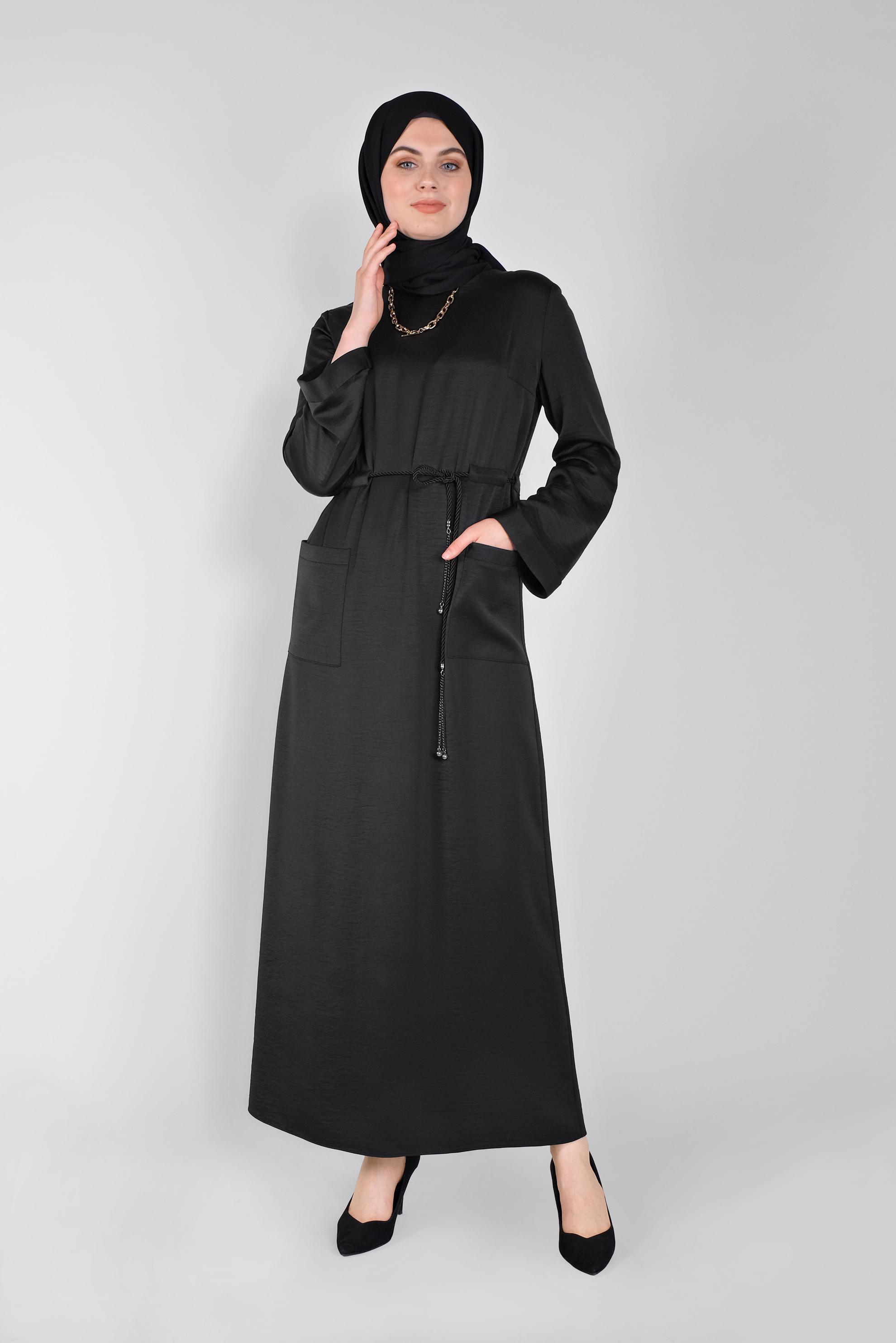 Tesettür giyim SİYAH KEMERLİ SATEN AEROBİN ELBİSE 41510 