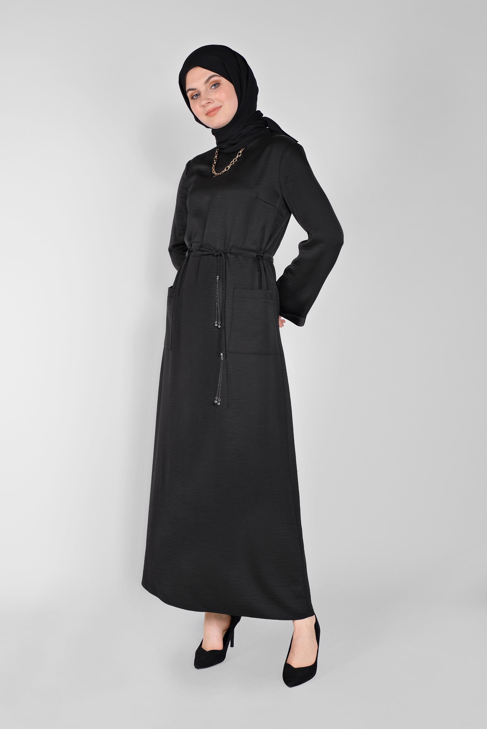 Tesettür giyim SİYAH KEMERLİ SATEN AEROBİN ELBİSE 41510 