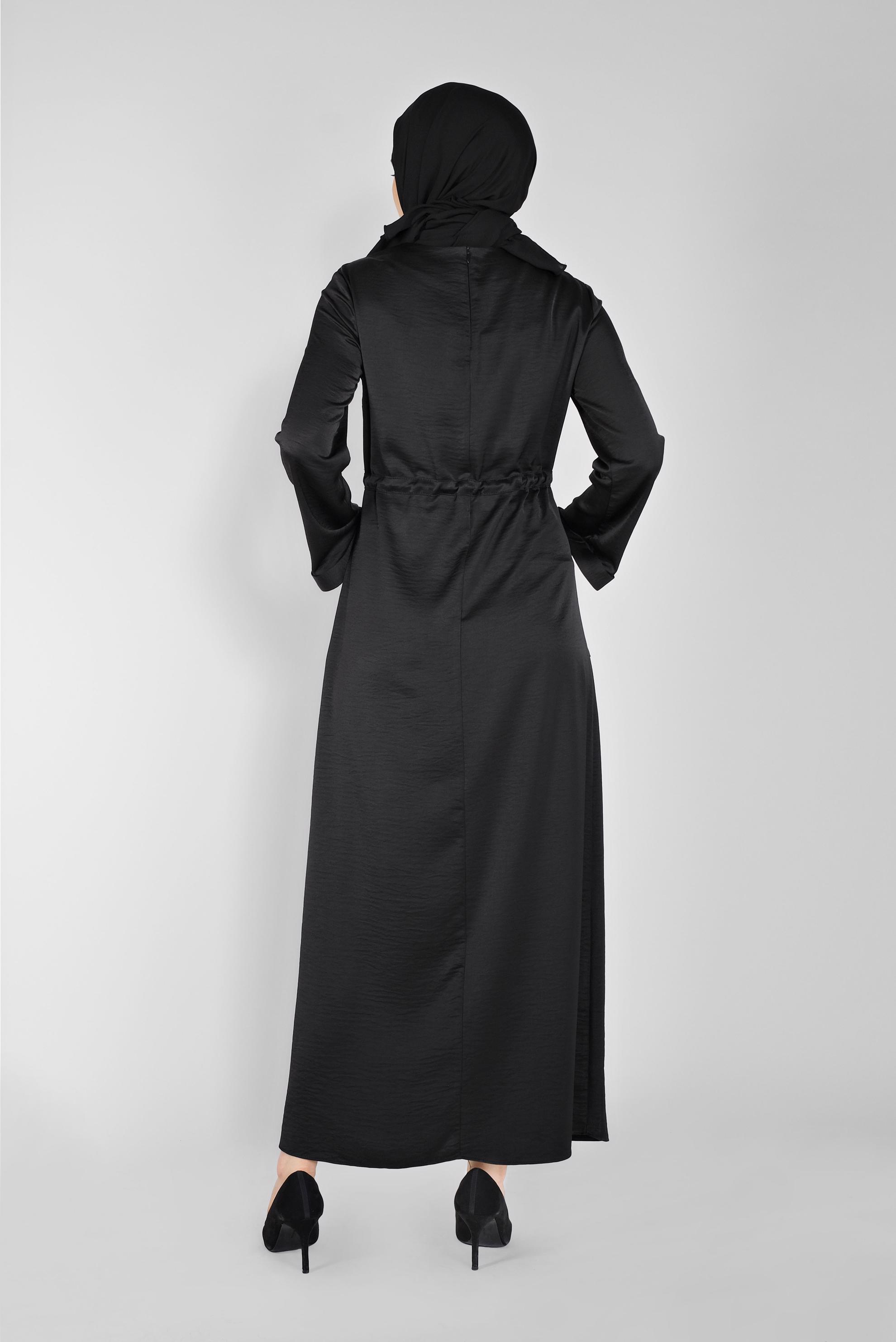 Tesettür giyim SİYAH KEMERLİ SATEN AEROBİN ELBİSE 41510 