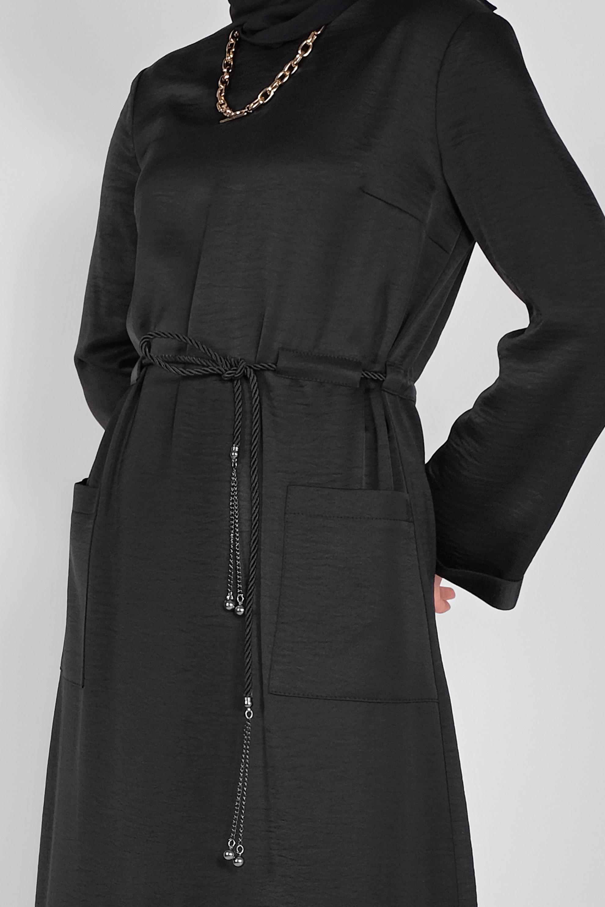 Tesettür giyim SİYAH KEMERLİ SATEN AEROBİN ELBİSE 41510 