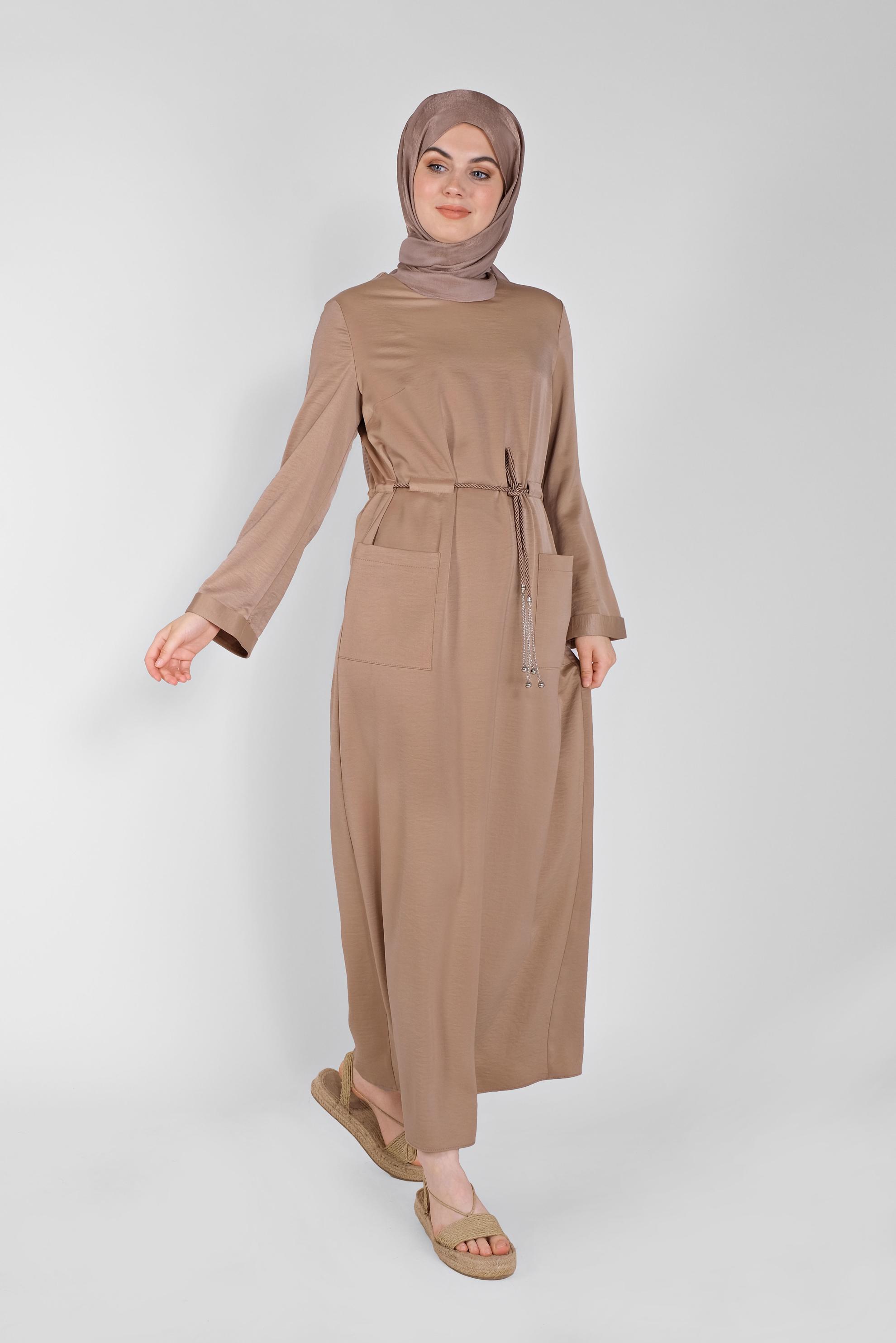 Tesettür giyim BEJ KEMERLİ SATEN AEROBİN ELBİSE 41510 