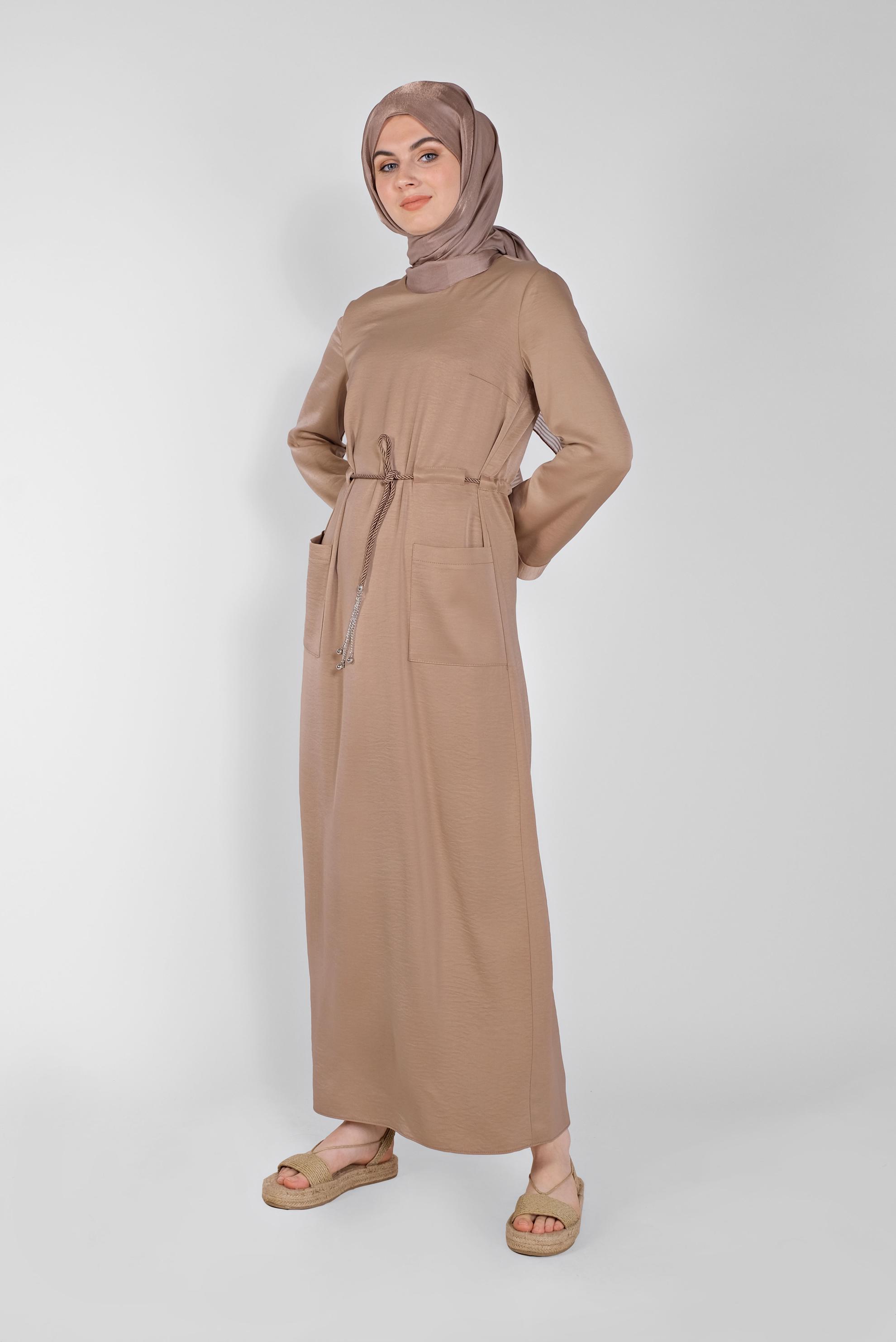 Tesettür giyim BEJ KEMERLİ SATEN AEROBİN ELBİSE 41510 