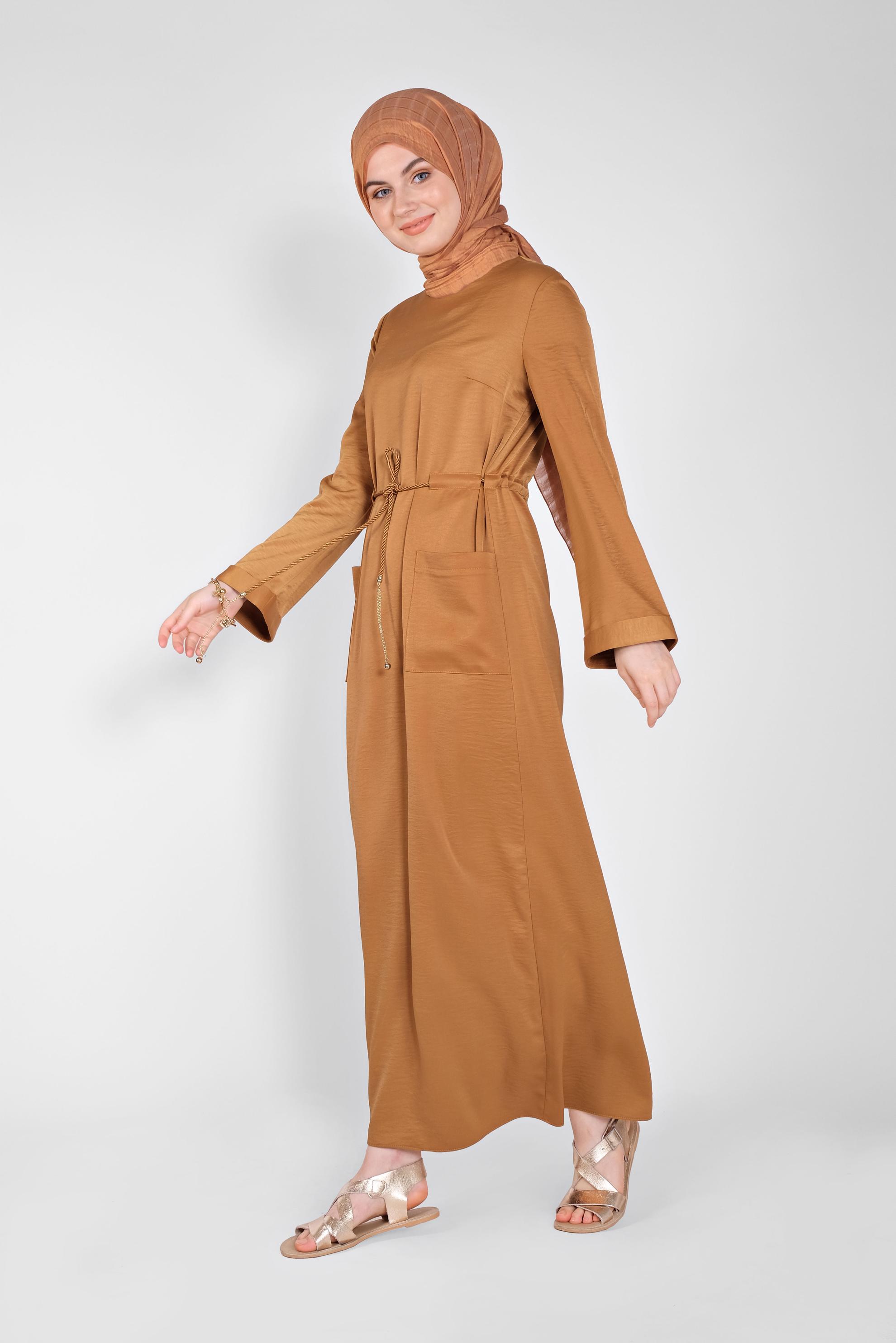 Tesettür giyim TABA KEMERLİ SATEN AEROBİN ELBİSE 41510 