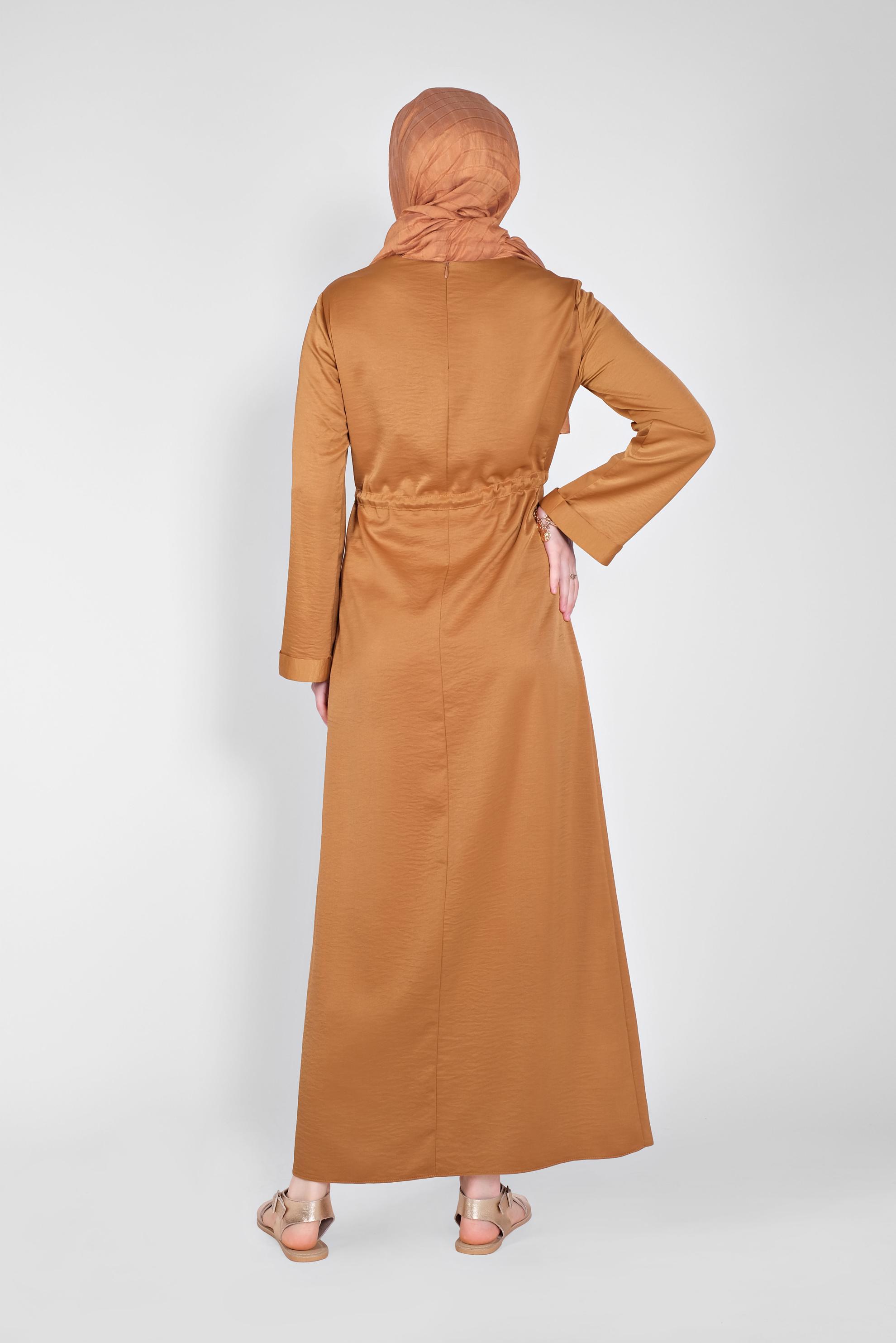 Tesettür giyim TABA KEMERLİ SATEN AEROBİN ELBİSE 41510 