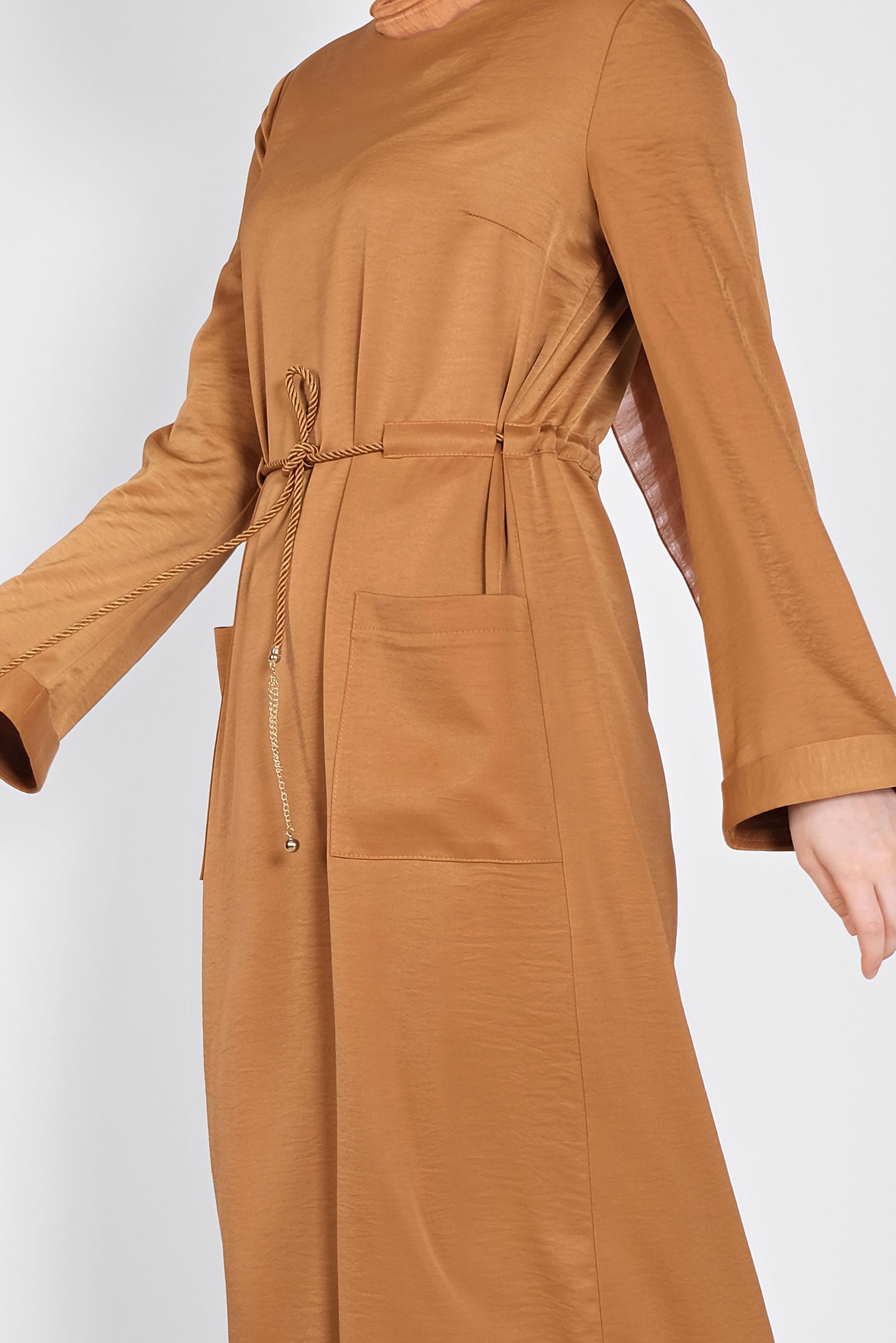 Tesettür giyim TABA KEMERLİ SATEN AEROBİN ELBİSE 41510 