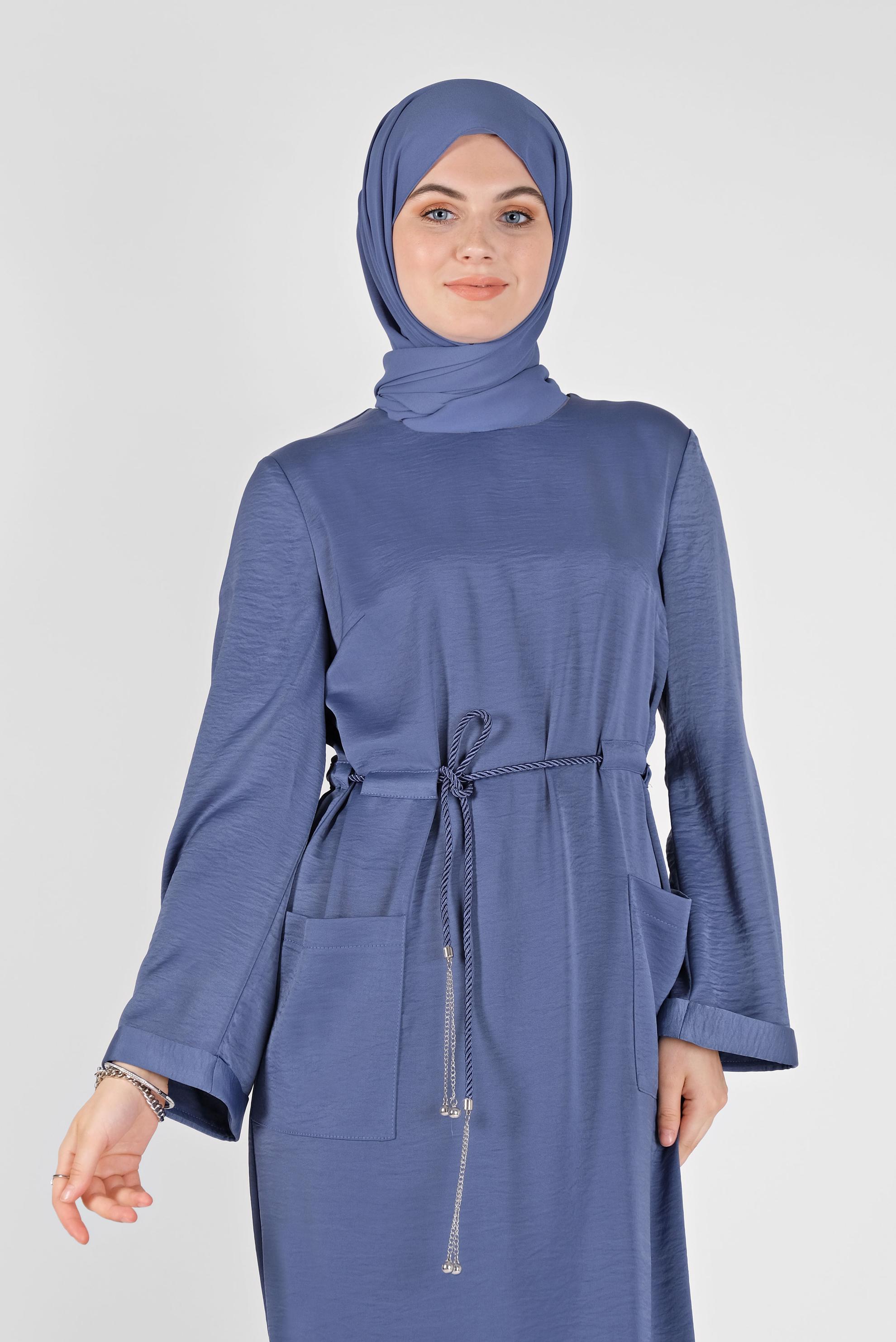Tesettür giyim LACİVERT KEMERLİ SATEN AEROBİN ELBİSE 41510 