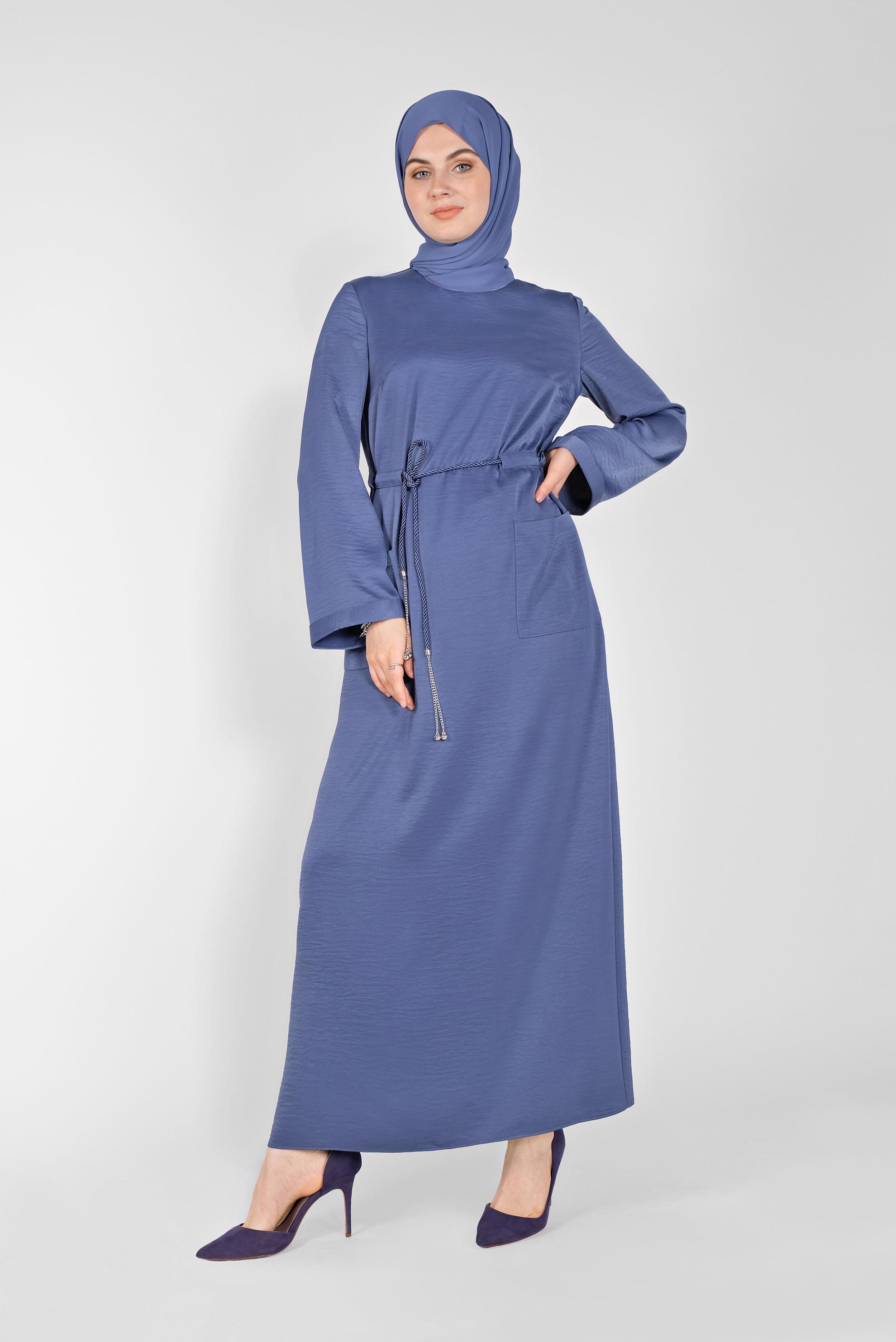 Tesettür giyim LACİVERT KEMERLİ SATEN AEROBİN ELBİSE 41510 