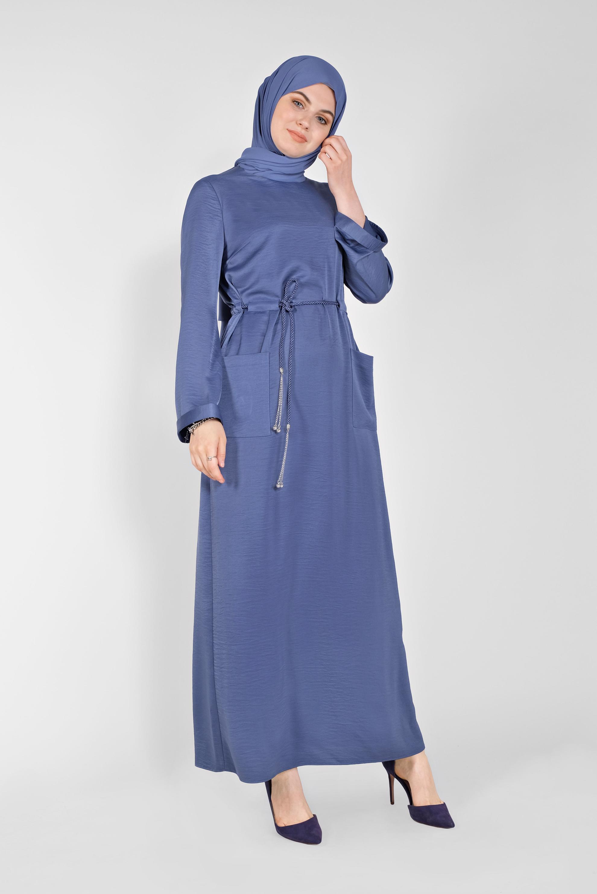Tesettür giyim LACİVERT KEMERLİ SATEN AEROBİN ELBİSE 41510 