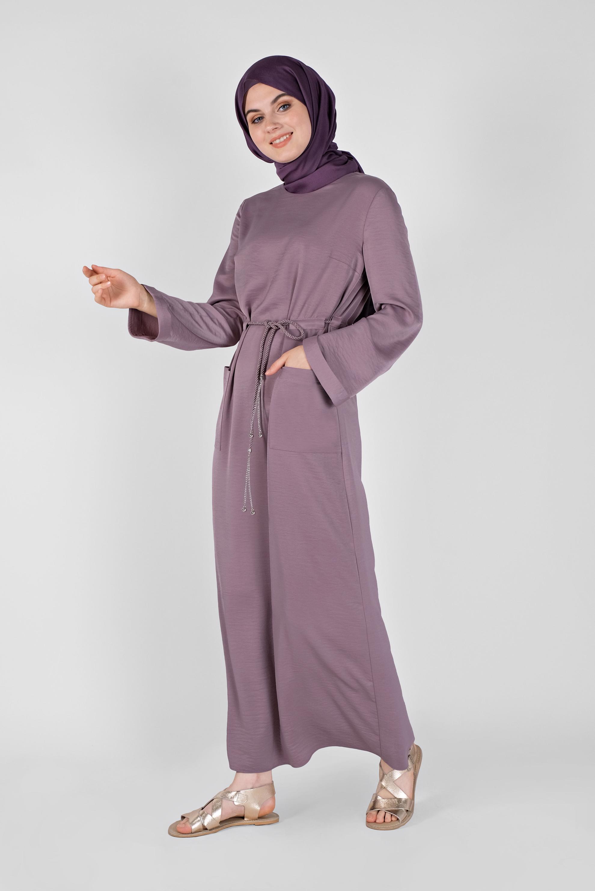 Tesettür giyim MOR KEMERLİ SATEN AEROBİN ELBİSE 41510 