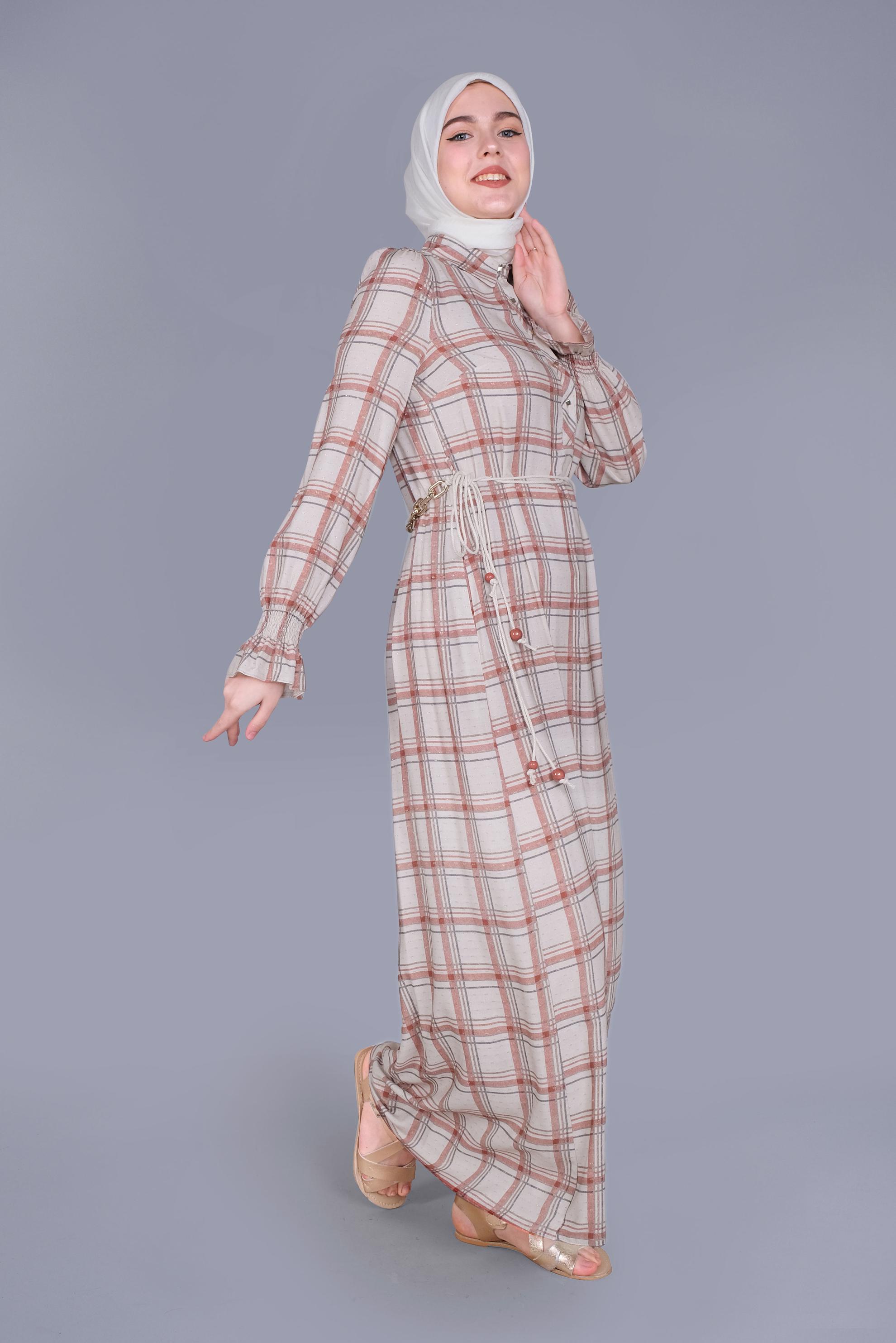 Tesettür giyim TURUNCU MANŞETLERİ LASTİKLİ KARELİ ELBİSE  41533 