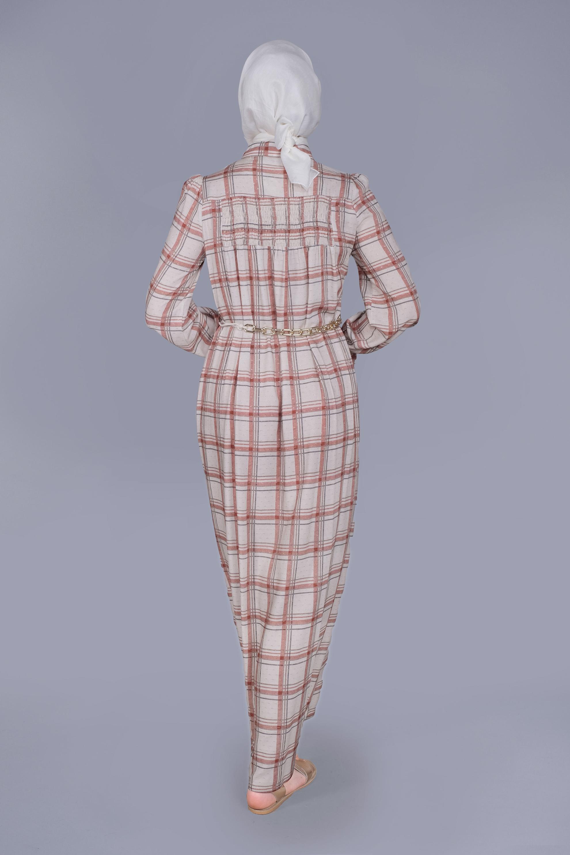 Tesettür giyim TURUNCU MANŞETLERİ LASTİKLİ KARELİ ELBİSE  41533 