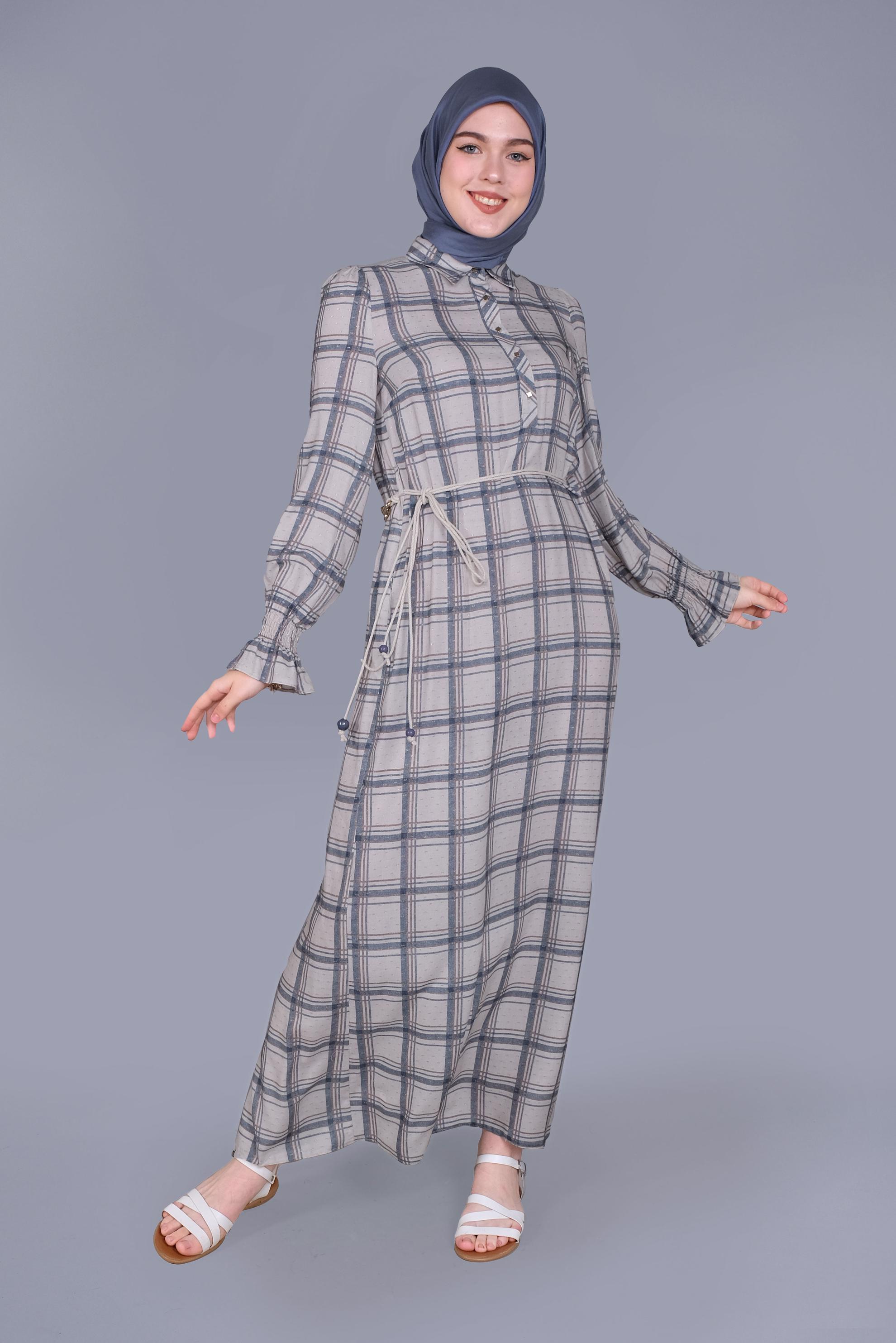 Tesettür giyim LACİVERT MANŞETLERİ LASTİKLİ KARELİ ELBİSE  41533 