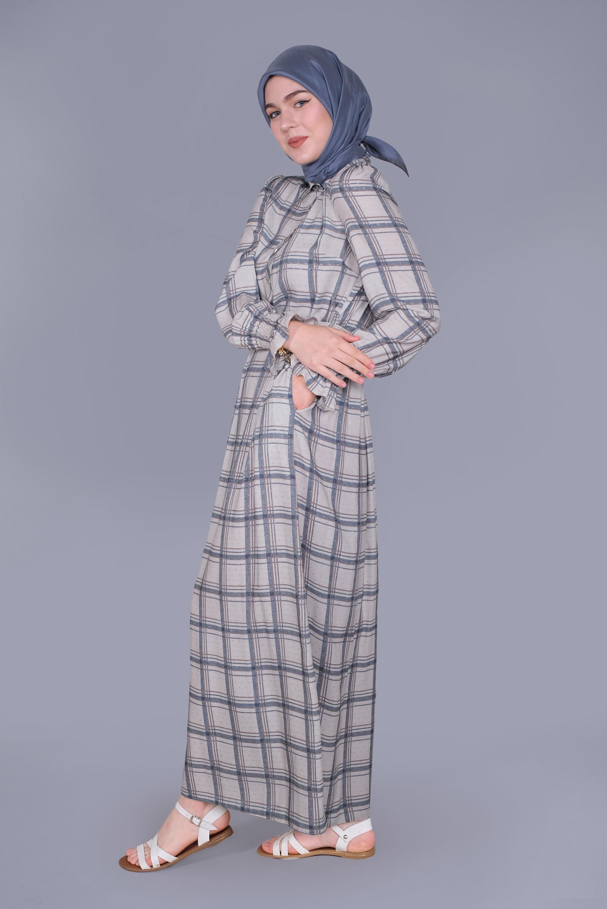 Tesettür giyim LACİVERT MANŞETLERİ LASTİKLİ KARELİ ELBİSE  41533 