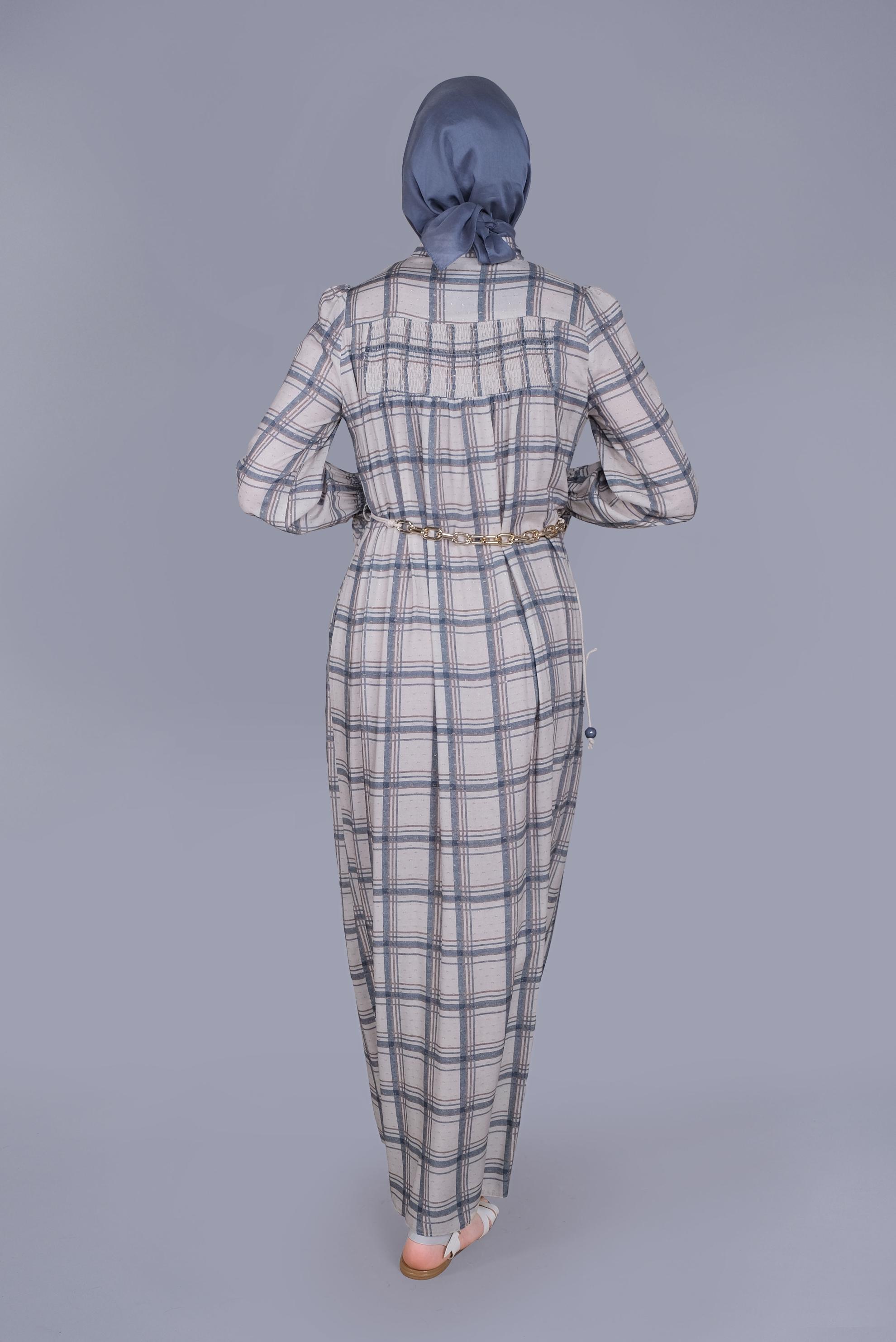 Tesettür giyim LACİVERT MANŞETLERİ LASTİKLİ KARELİ ELBİSE  41533 