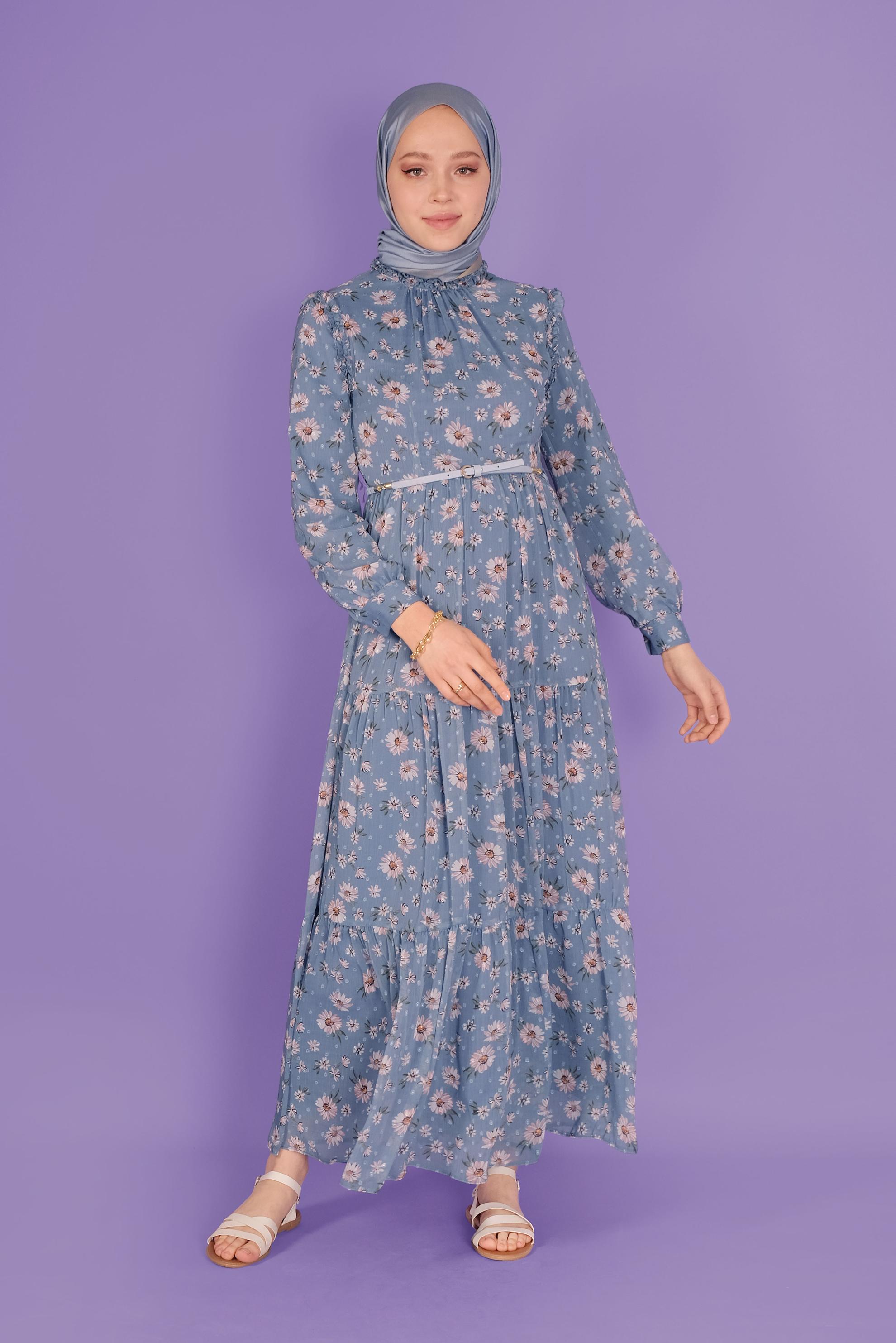 Tesettür giyim MAVİ KEMERLİ EMPİRME ŞİFON ELBİSE 41534 