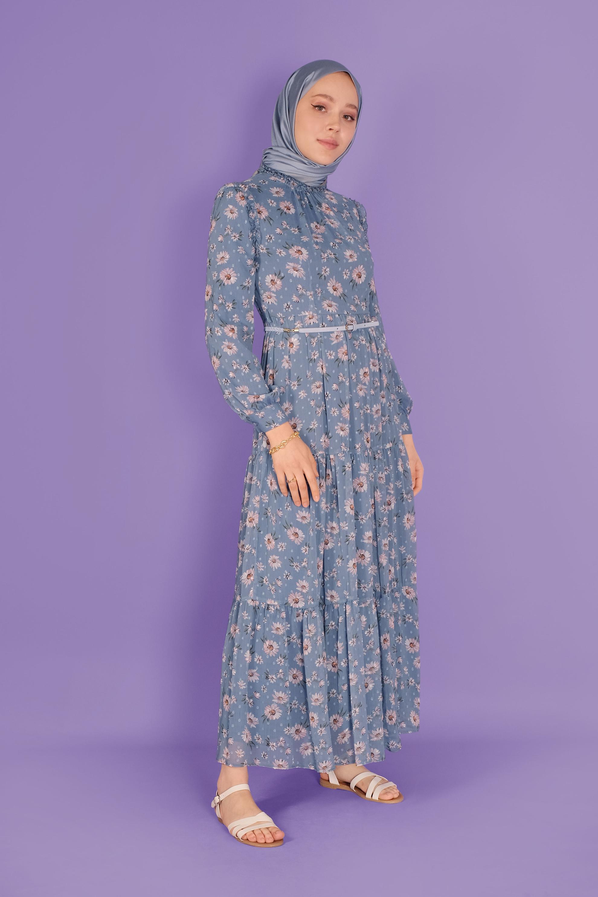 Tesettür giyim MAVİ KEMERLİ EMPİRME ŞİFON ELBİSE 41534 