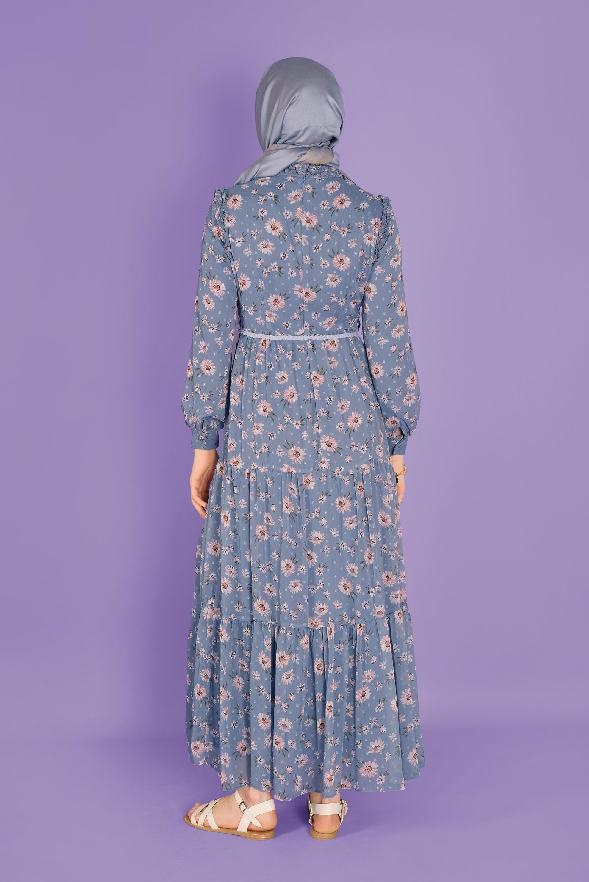 Tesettür giyim MAVİ KEMERLİ EMPİRME ŞİFON ELBİSE 41534 