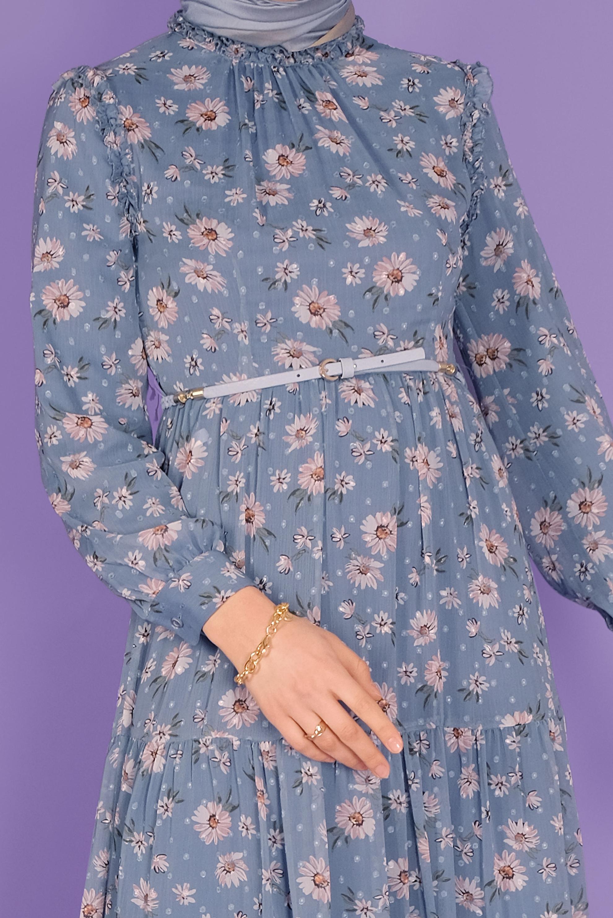 Tesettür giyim MAVİ KEMERLİ EMPİRME ŞİFON ELBİSE 41534 