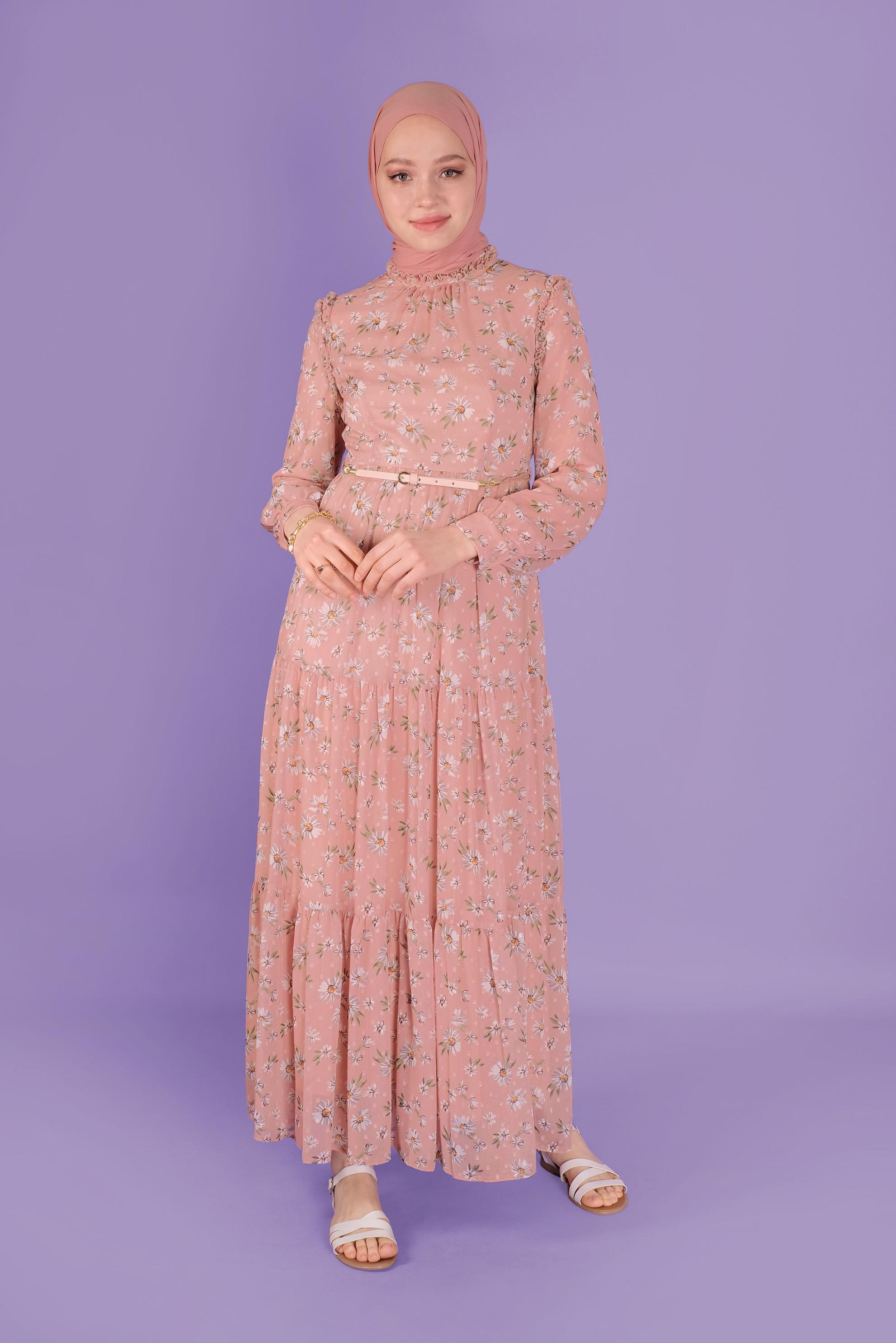 Tesettür giyim PUDRA KEMERLİ EMPİRME ŞİFON ELBİSE 41534 
