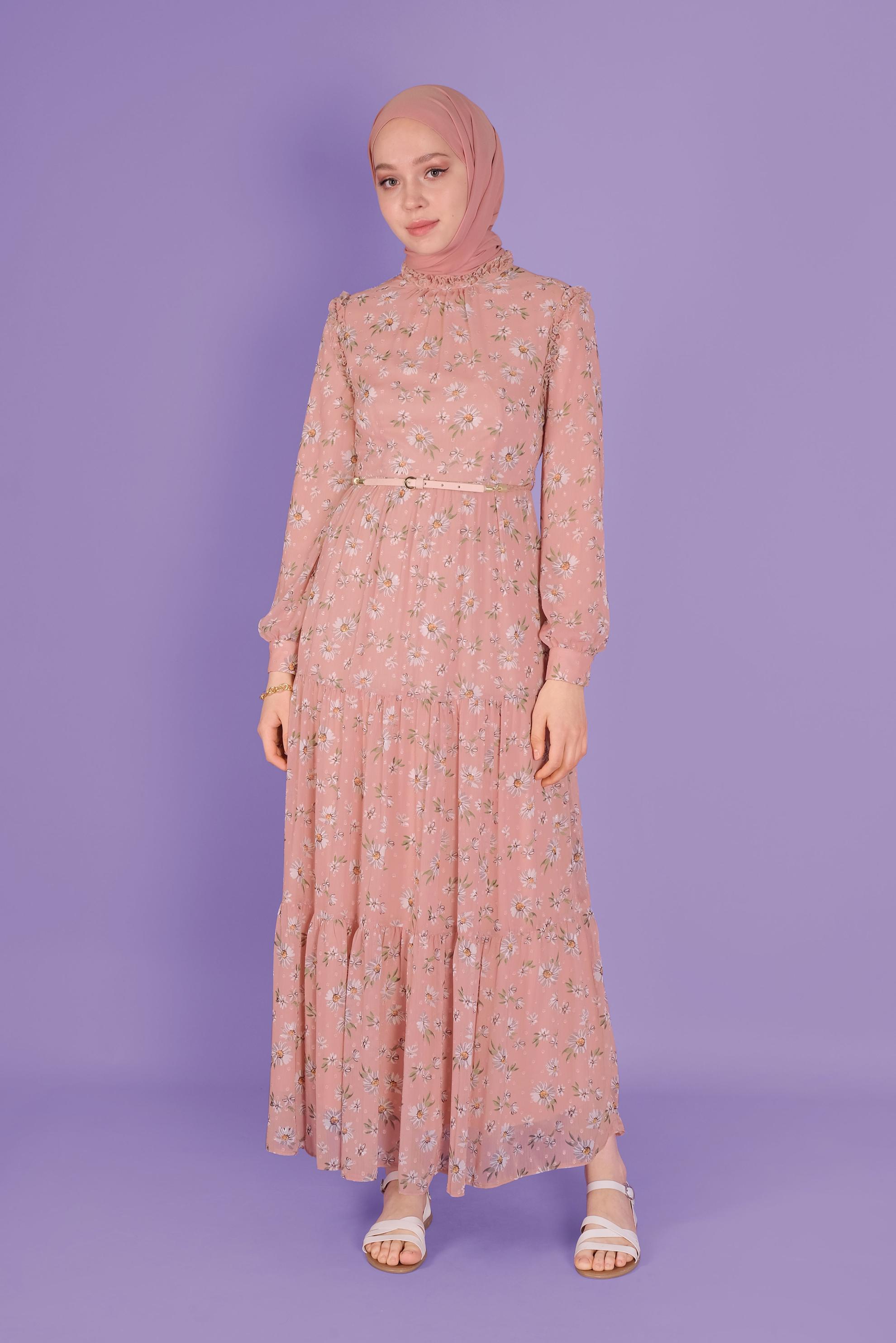Tesettür giyim PUDRA KEMERLİ EMPİRME ŞİFON ELBİSE 41534 
