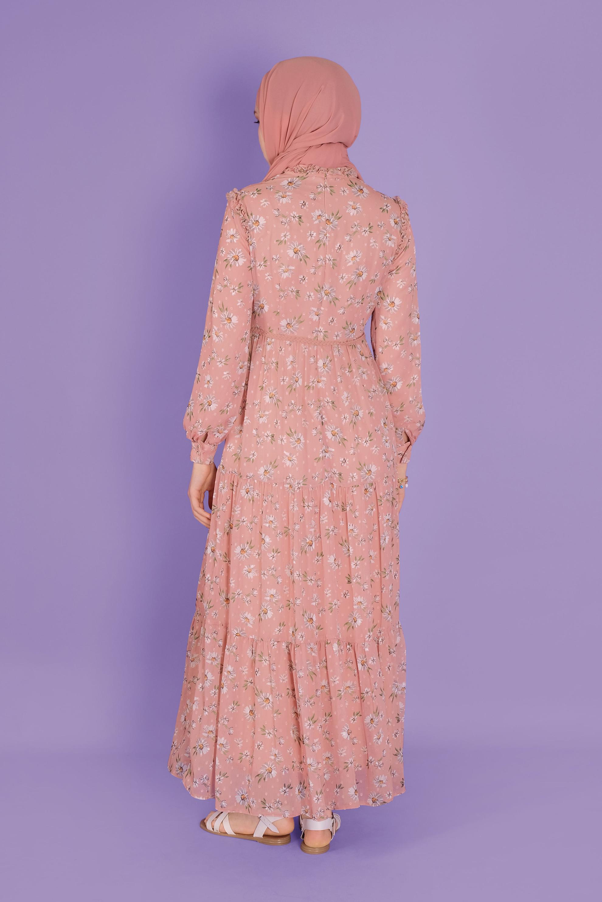 Tesettür giyim PUDRA KEMERLİ EMPİRME ŞİFON ELBİSE 41534 