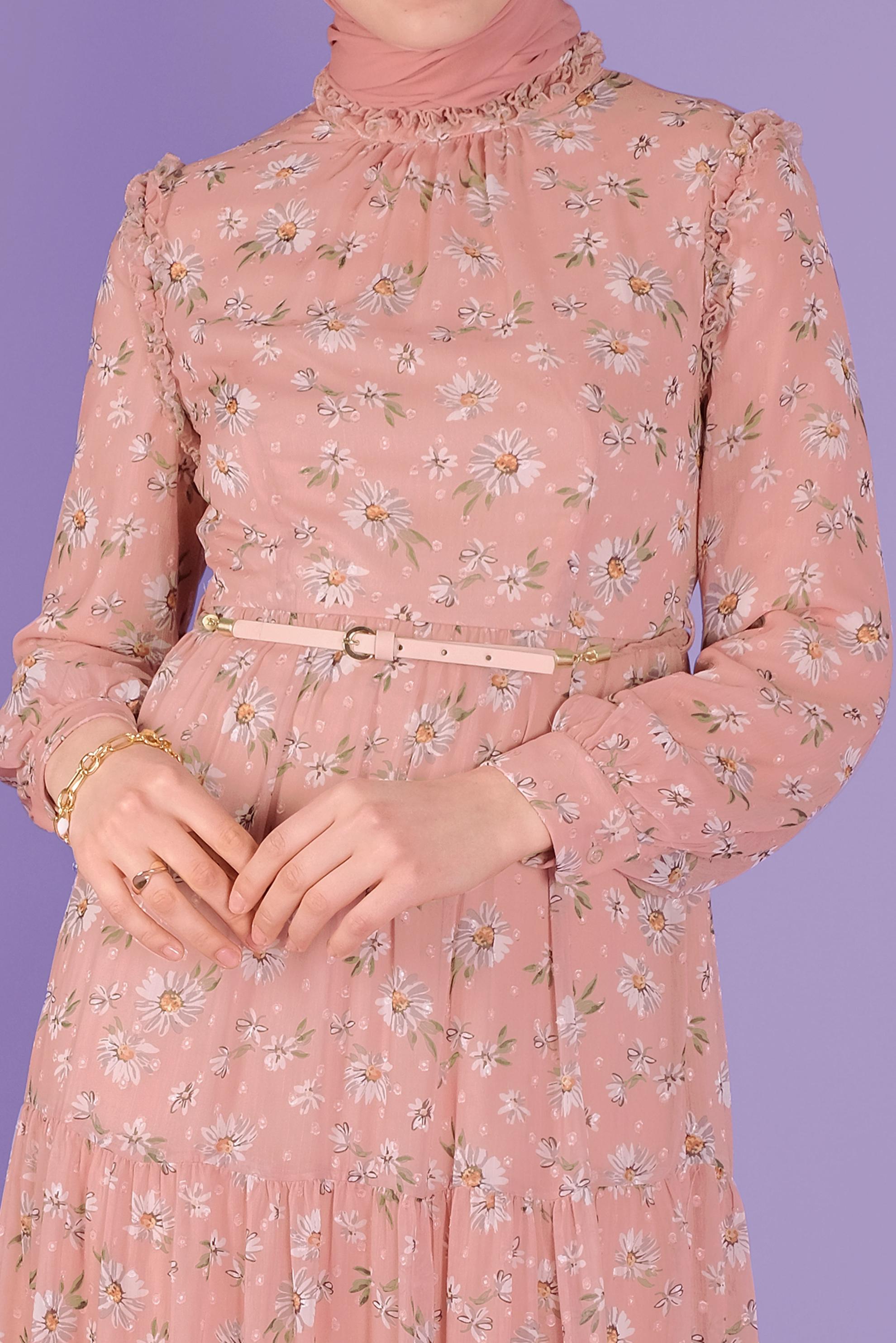 Tesettür giyim PUDRA KEMERLİ EMPİRME ŞİFON ELBİSE 41534 