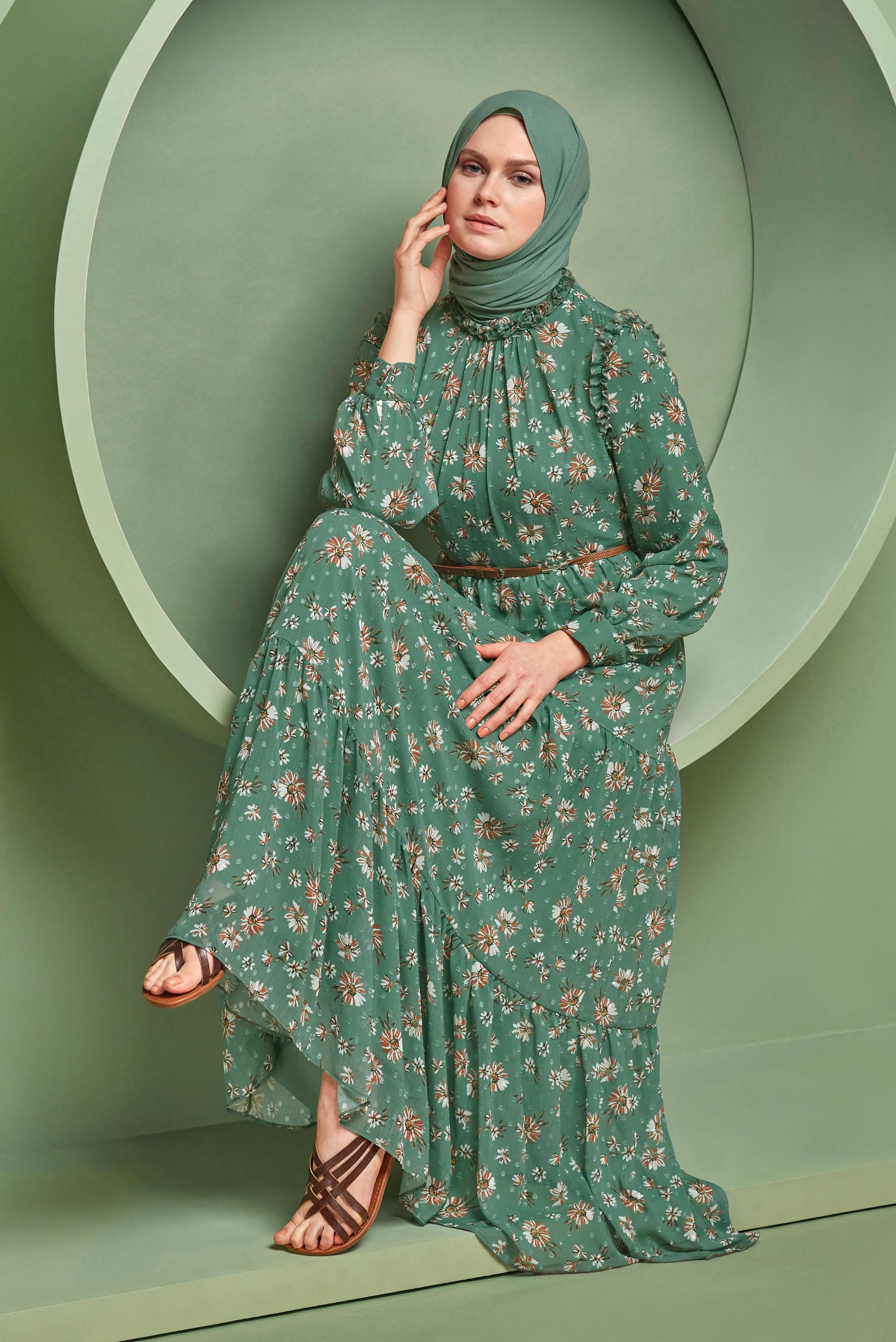 Tesettür giyim YEŞİL KEMERLİ EMPİRME ŞİFON ELBİSE 41534 
