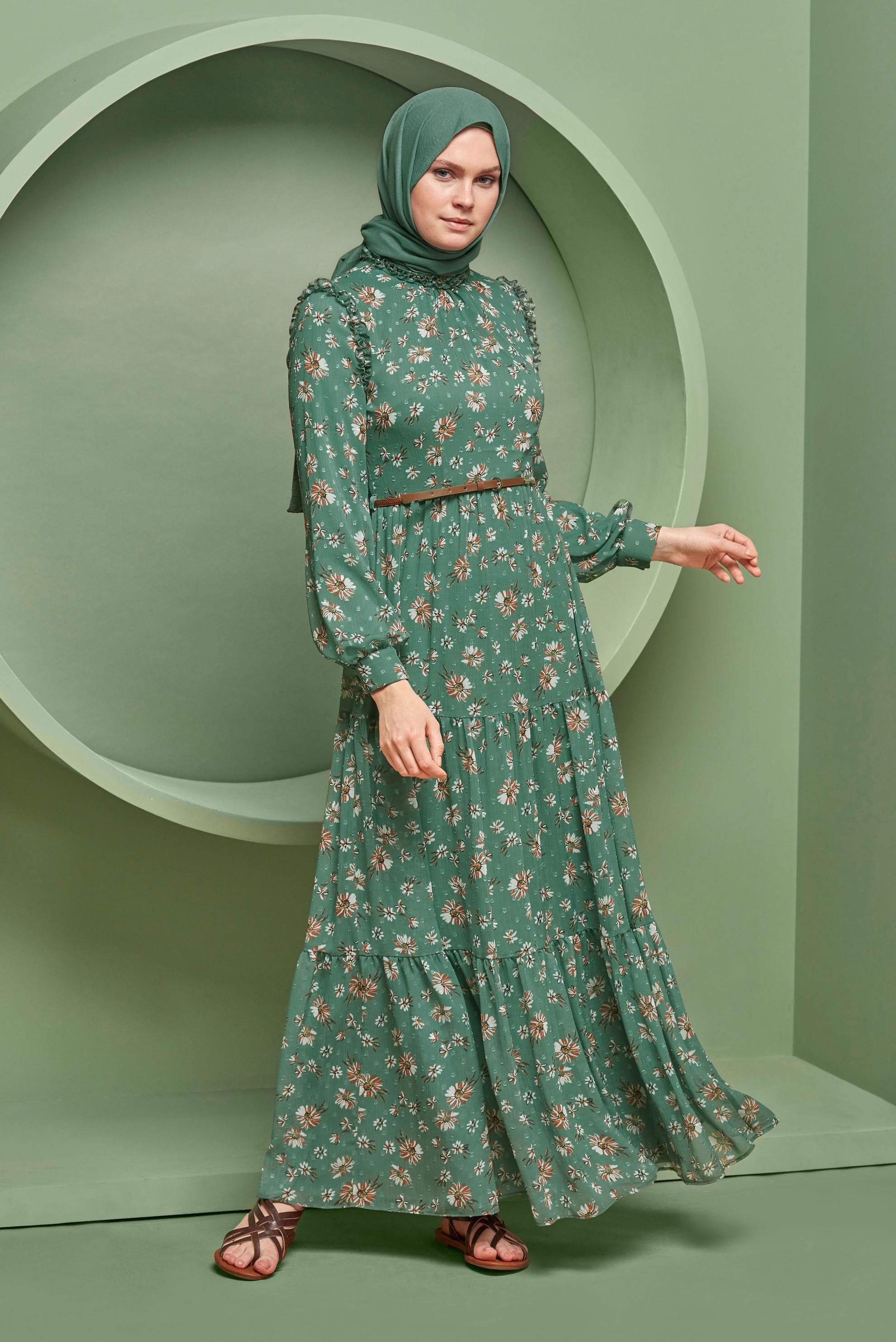 Tesettür giyim YEŞİL KEMERLİ EMPİRME ŞİFON ELBİSE 41534 