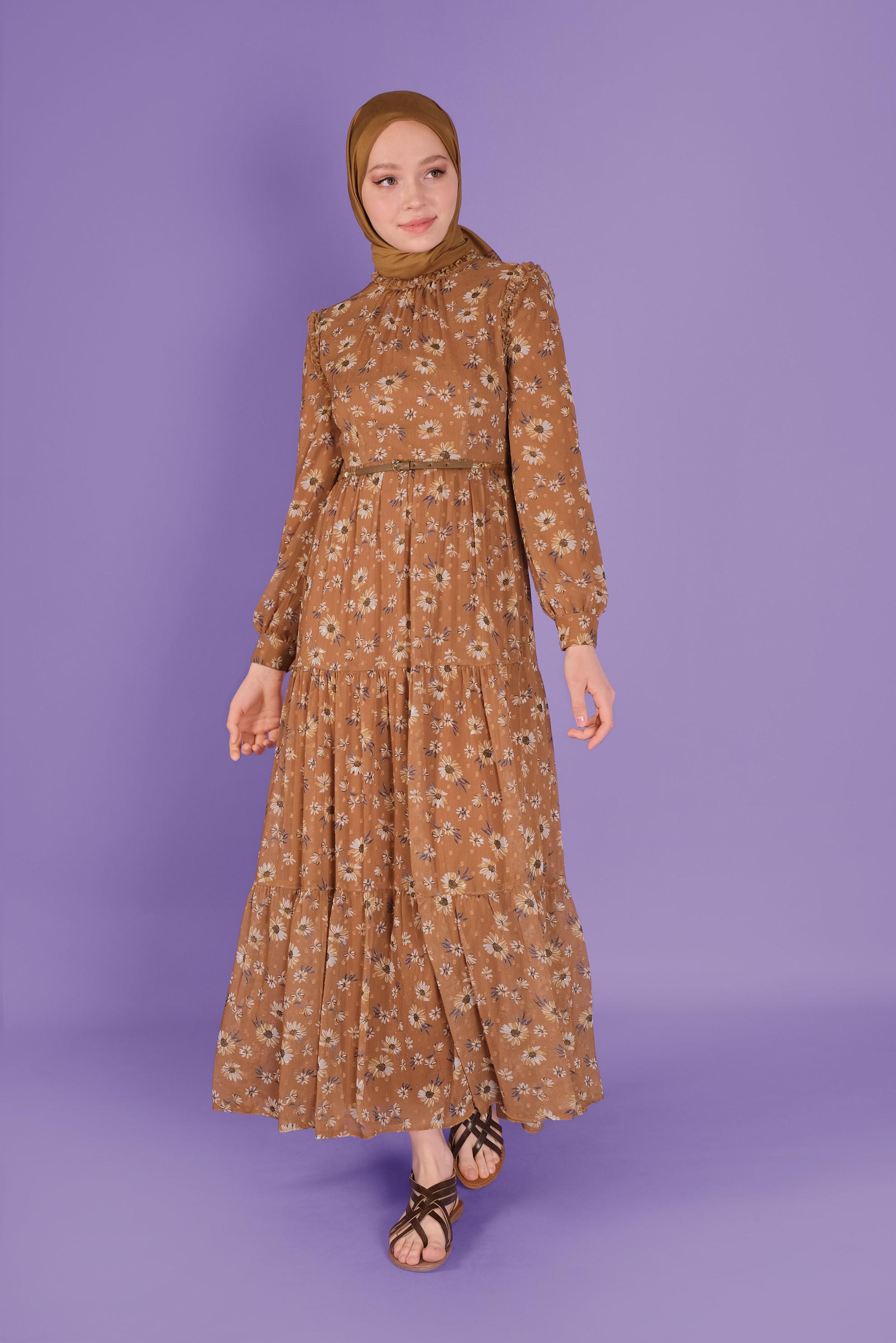 Tesettür giyim KAHVE KEMERLİ EMPİRME ŞİFON ELBİSE 41534 