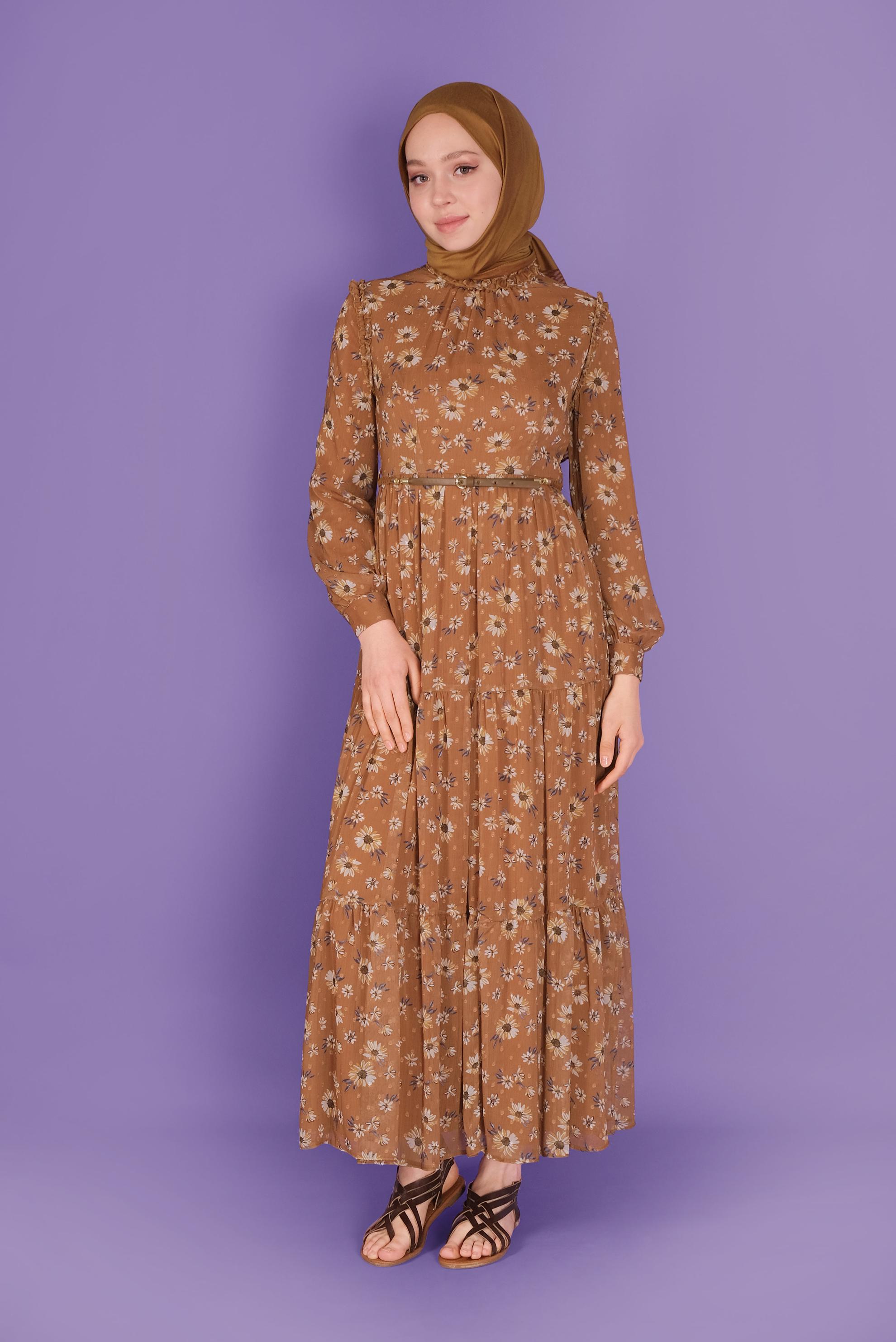 Tesettür giyim KAHVE KEMERLİ EMPİRME ŞİFON ELBİSE 41534 