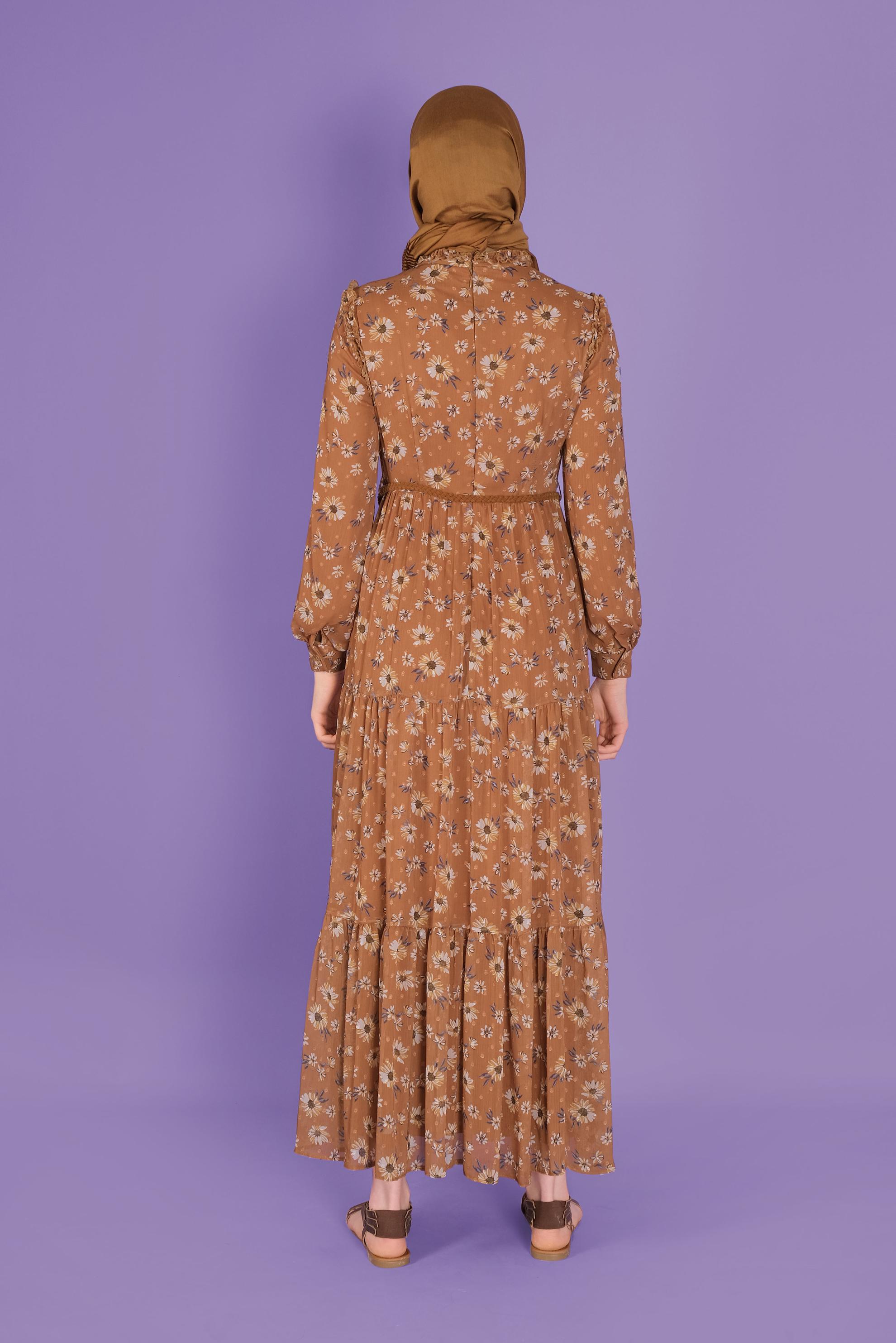 Tesettür giyim KAHVE KEMERLİ EMPİRME ŞİFON ELBİSE 41534 