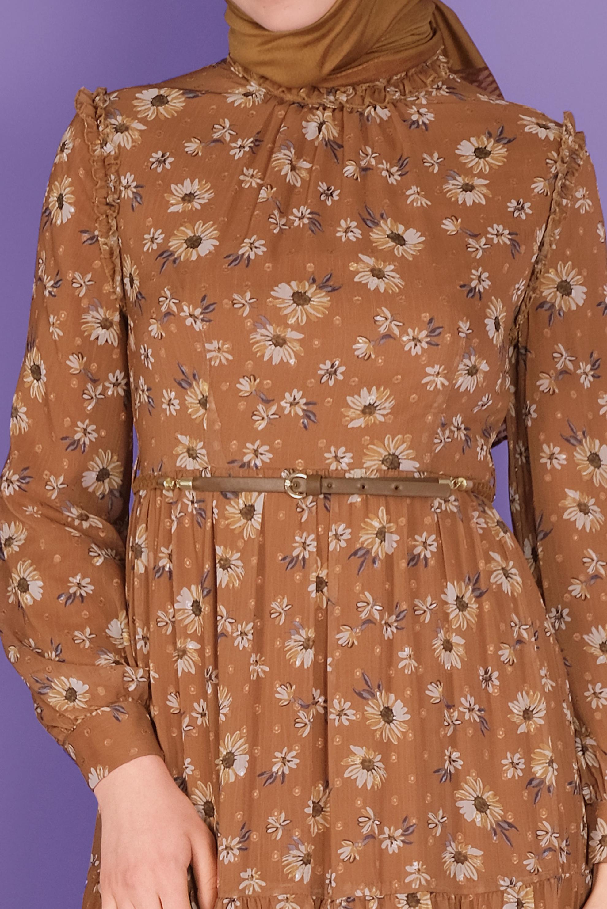 Tesettür giyim KAHVE KEMERLİ EMPİRME ŞİFON ELBİSE 41534 