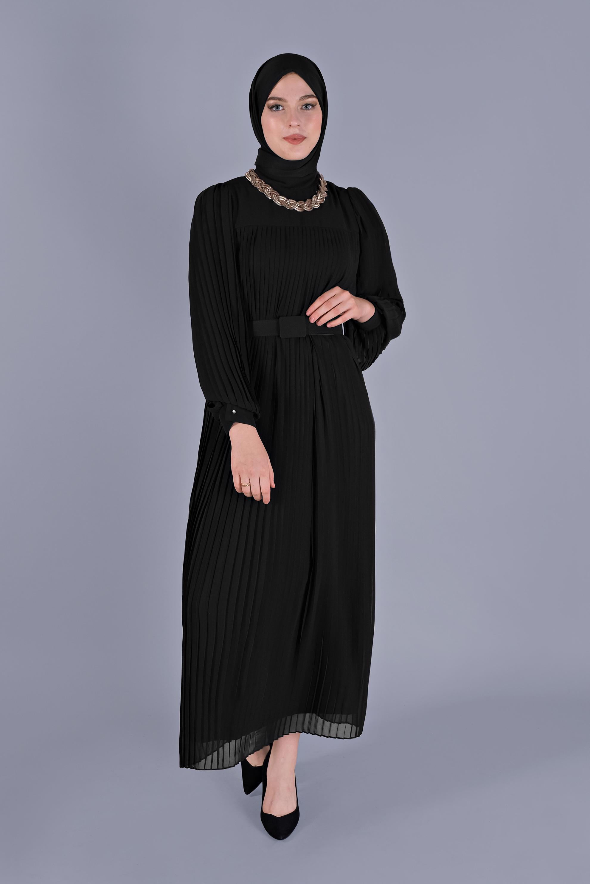 Tesettür giyim SİYAH PİLİSELİ ŞİFON ELBİSE 41537 