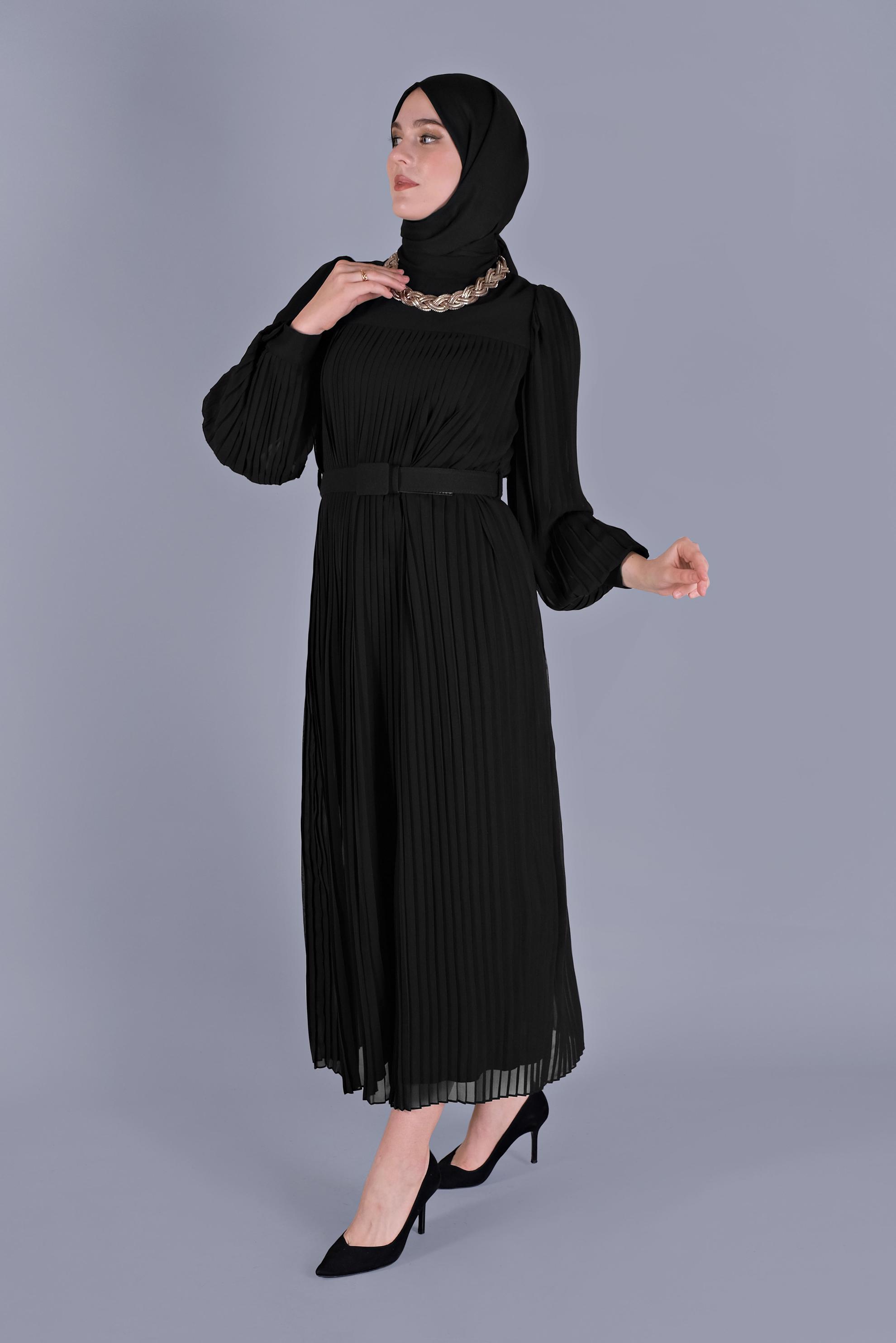 Tesettür giyim SİYAH PİLİSELİ ŞİFON ELBİSE 41537 