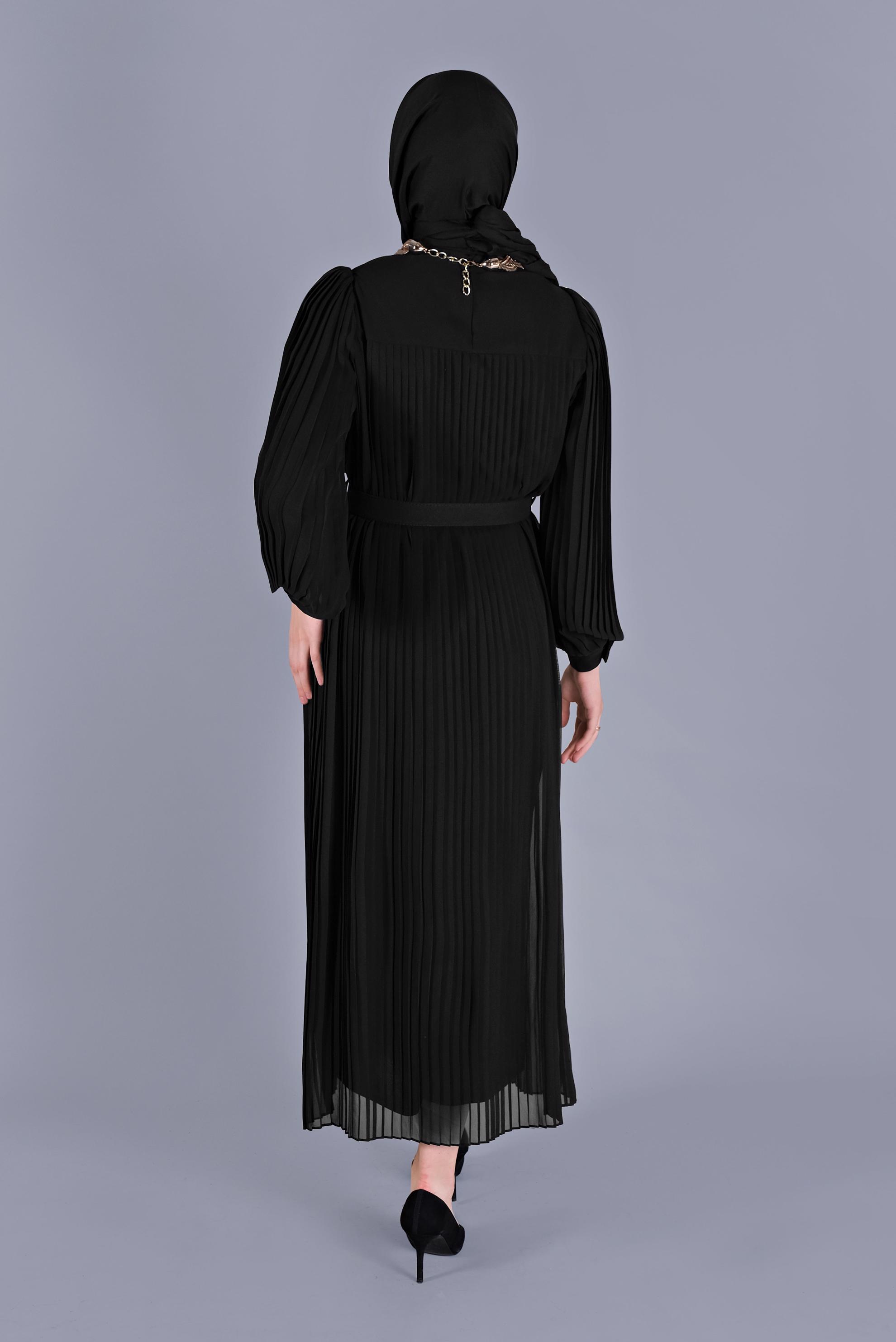 Tesettür giyim SİYAH PİLİSELİ ŞİFON ELBİSE 41537 