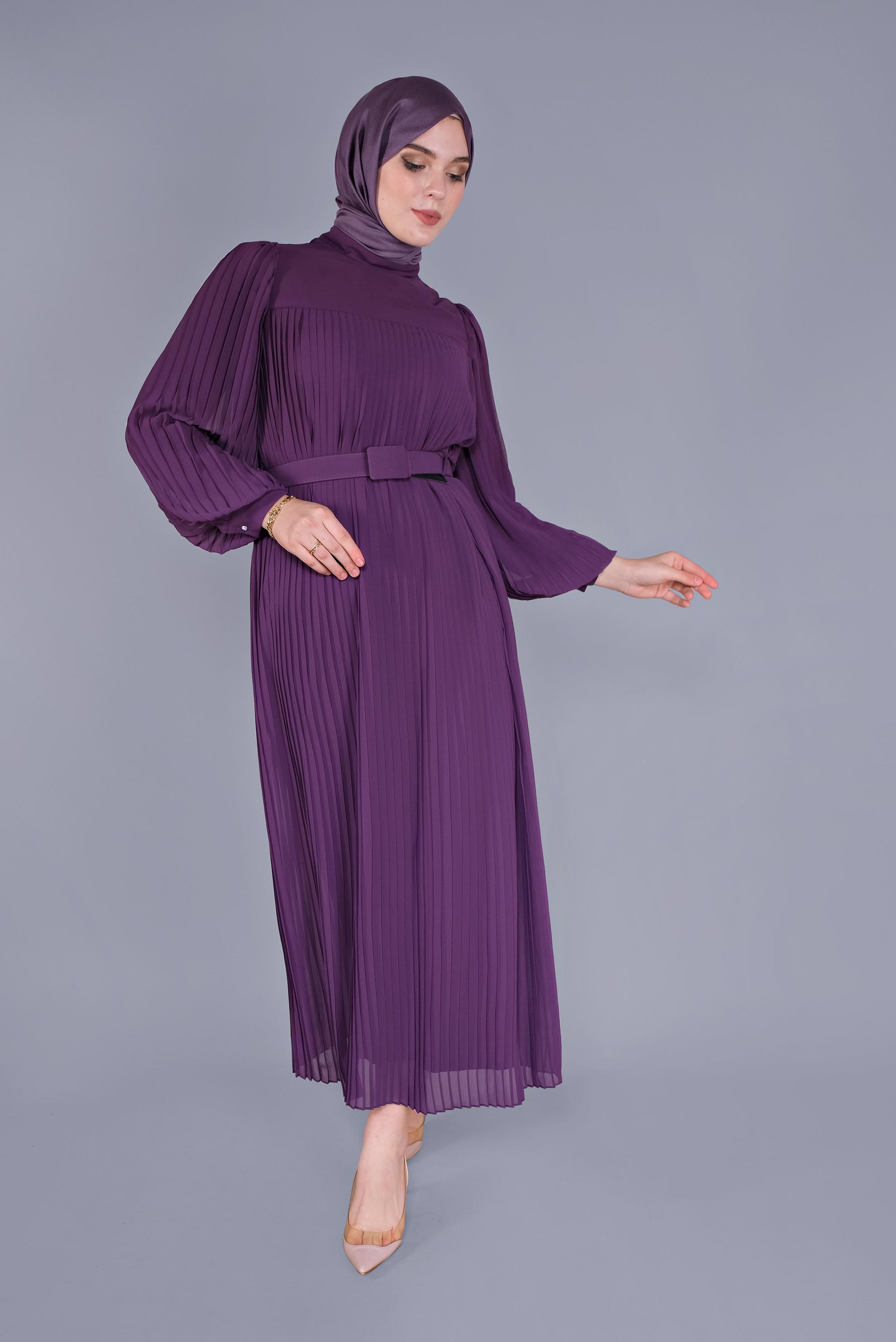 Tesettür giyim MOR PİLİSELİ ŞİFON ELBİSE 41537 