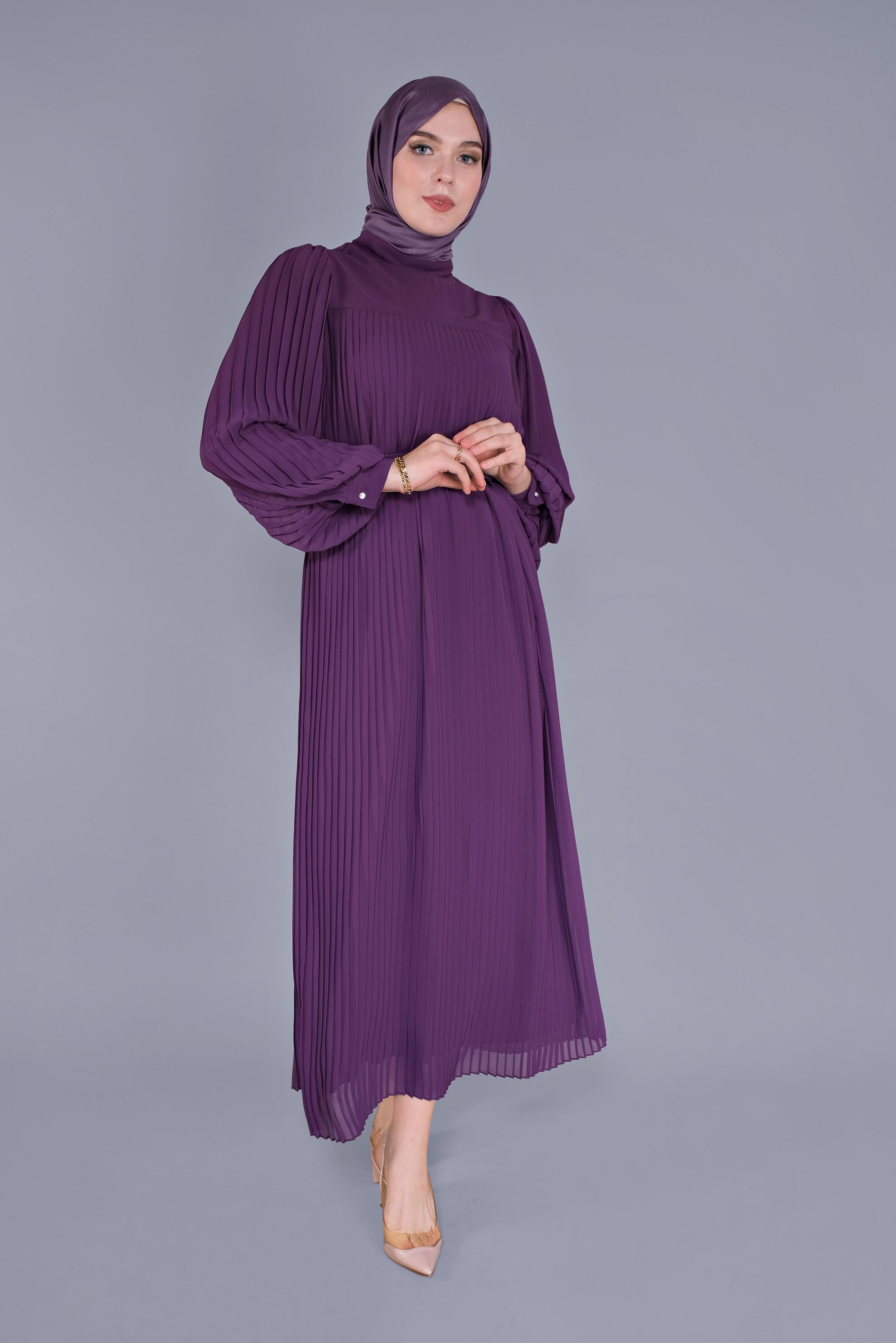 Tesettür giyim MOR PİLİSELİ ŞİFON ELBİSE 41537 