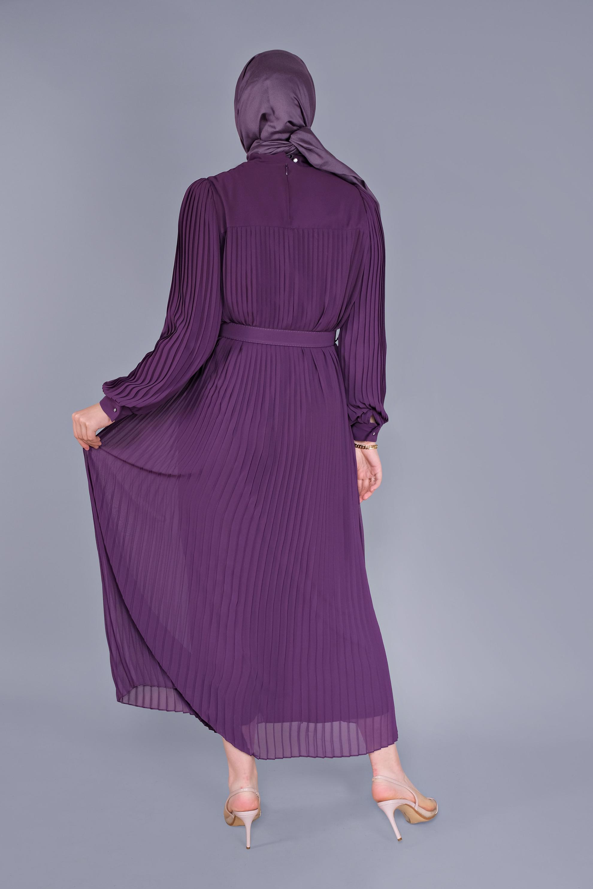 Tesettür giyim MOR PİLİSELİ ŞİFON ELBİSE 41537 