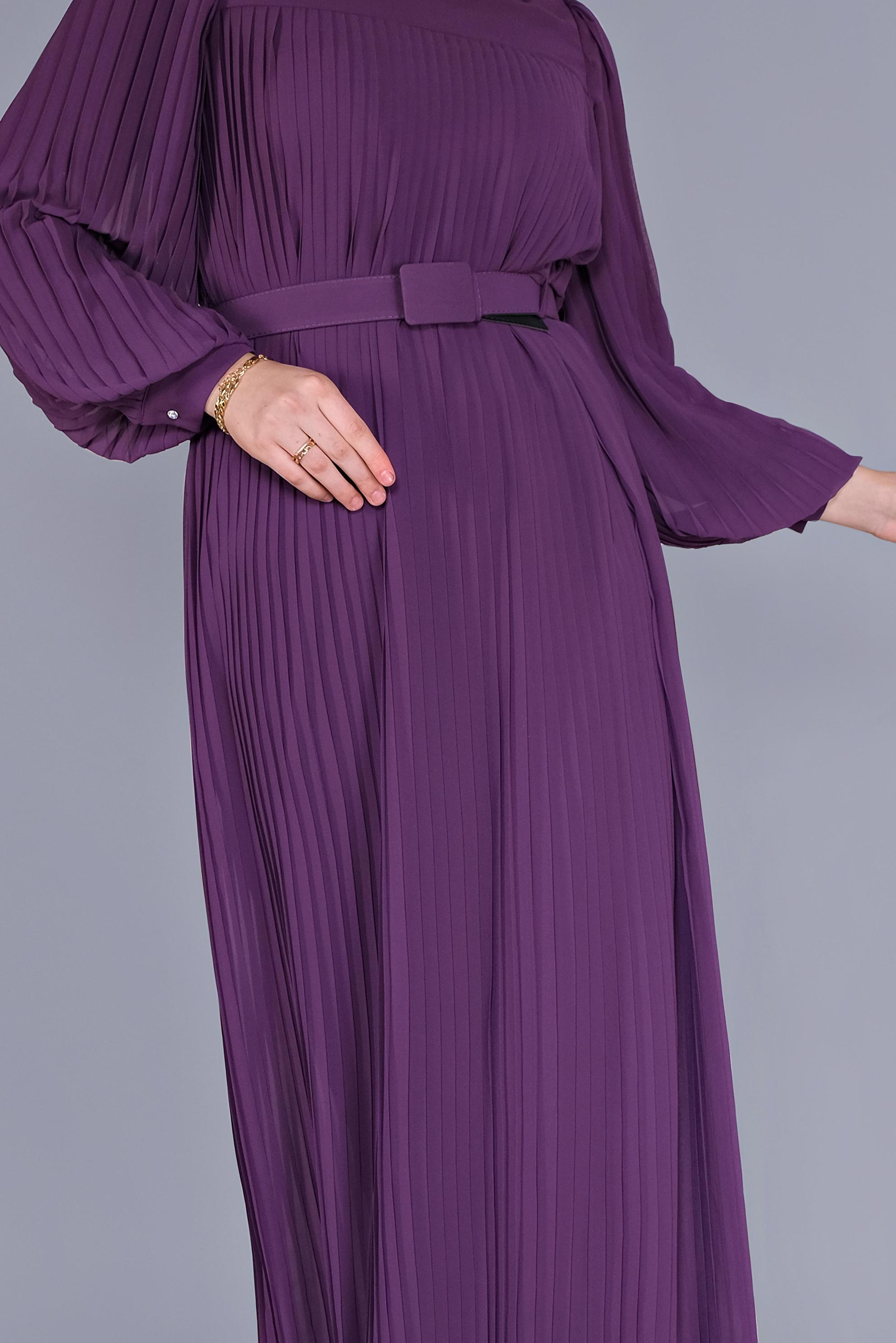 Tesettür giyim MOR PİLİSELİ ŞİFON ELBİSE 41537 