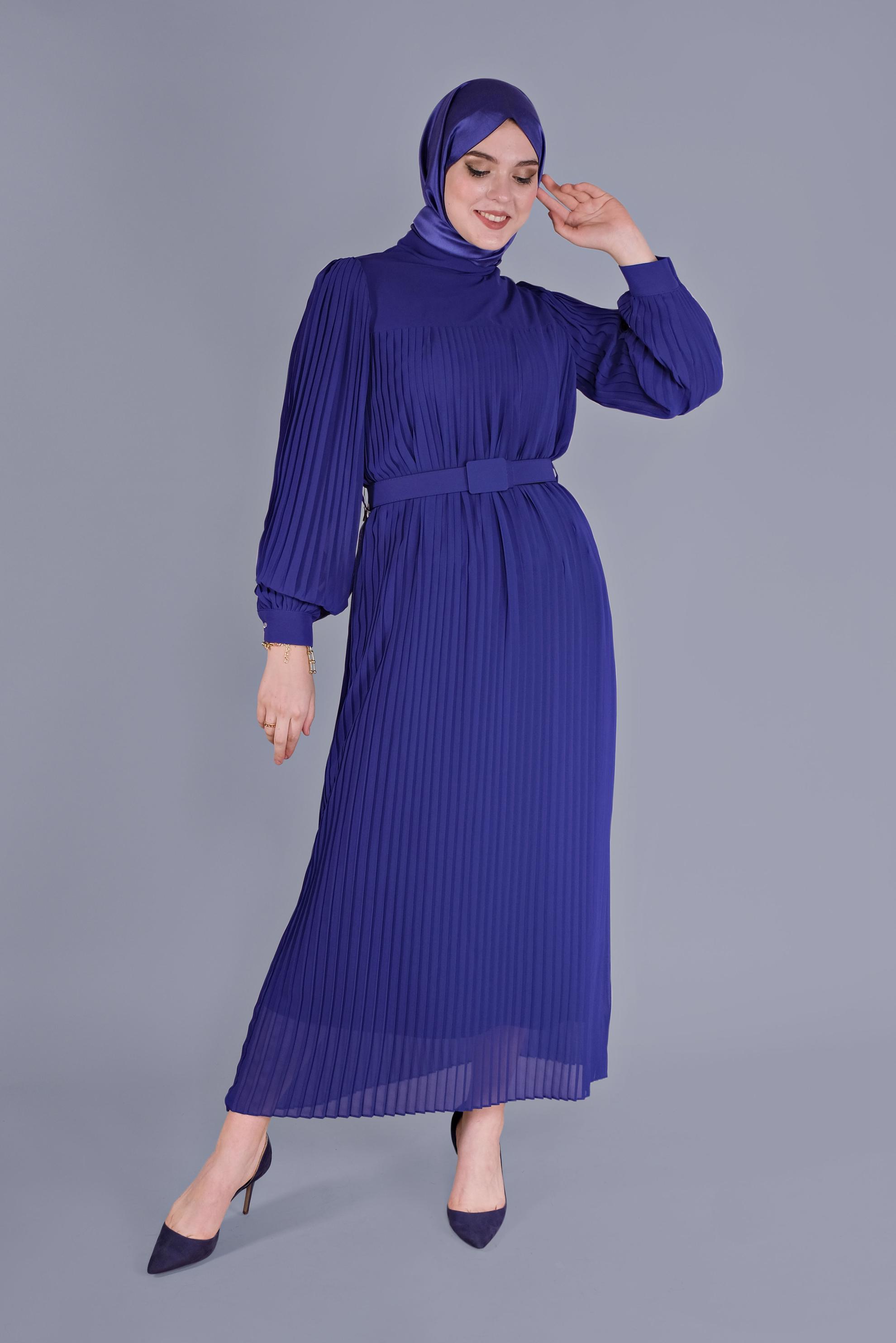 Tesettür giyim LACİVERT PİLİSELİ ŞİFON ELBİSE 41537 
